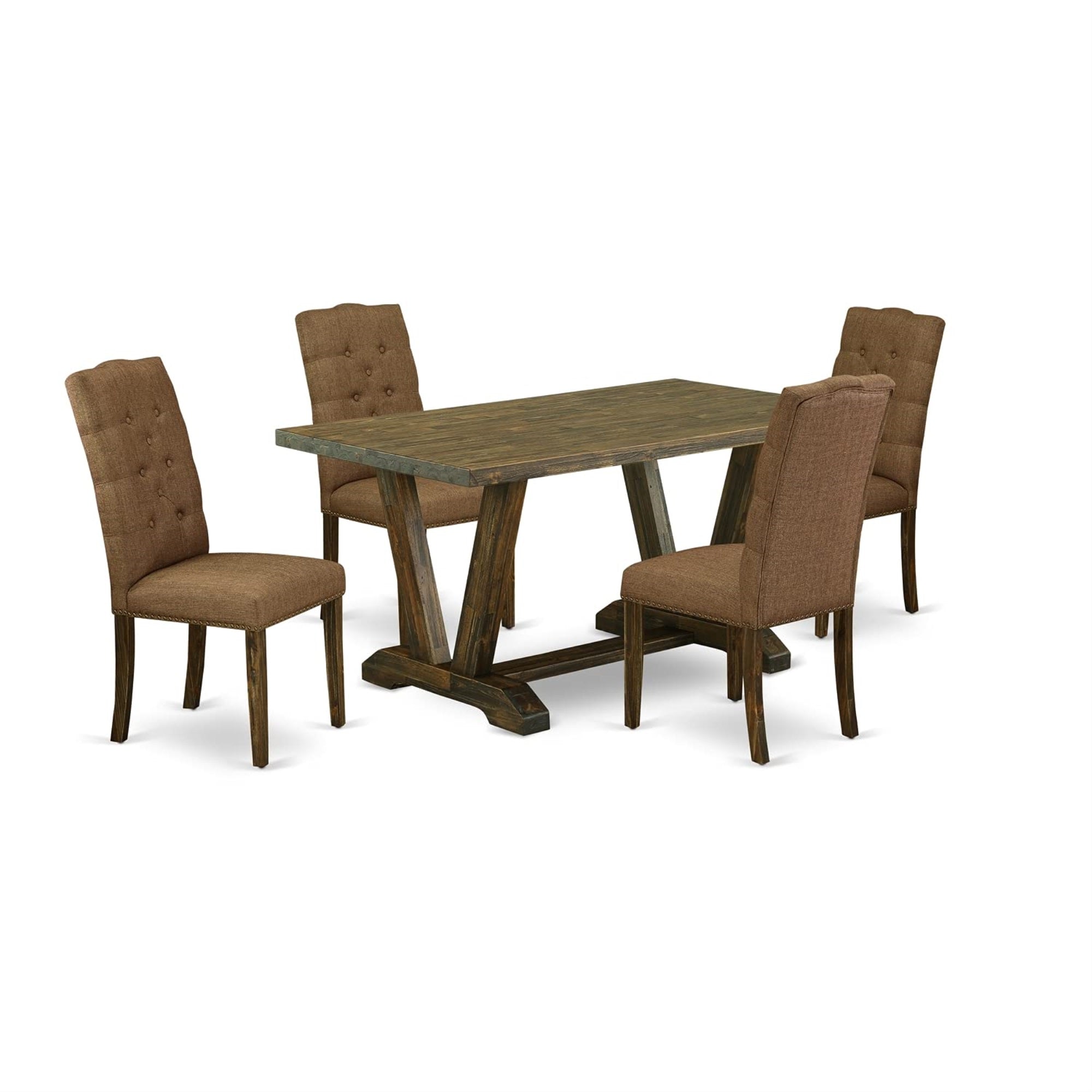 Ergode V776El718-5, 5-Piece Dining Room Table Set, Asian Wood, Distressed Jacobean Finish, Brown Beige Linen Fabric, Easy-To-Assemble, 72X40X30, 4 Parson Chairs
