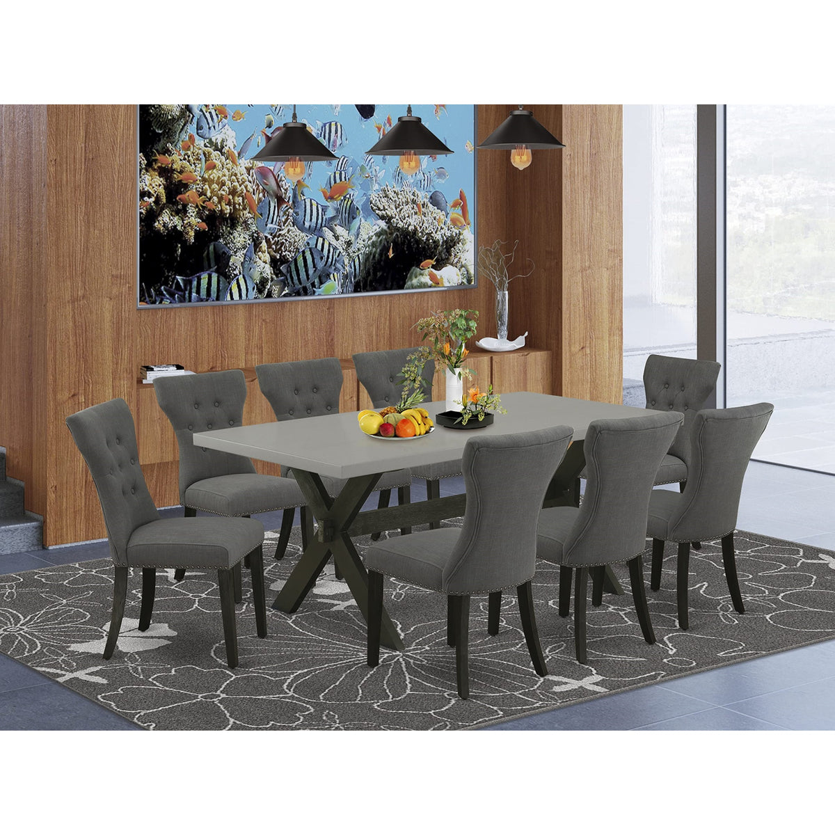 Casafoyer X697Ga650-9 9 Piece Dining Room Set Includes A Rectangle Kitchen Table With X-Legs And 8 Dark Gotham Linen Fabric Upholstered Parson Chairs, 40X72 Inch, Multi-Color