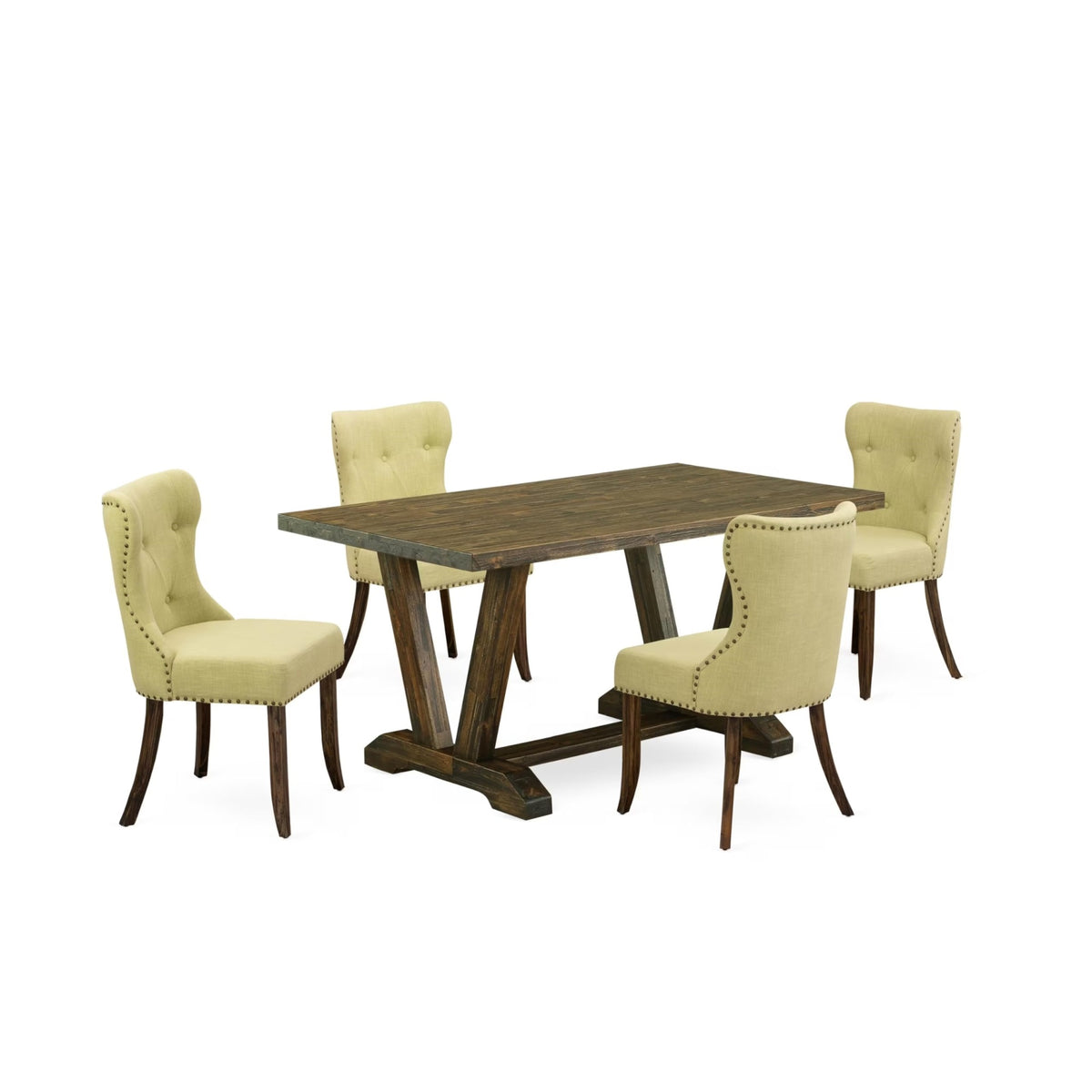 Casafoyer V776Si737-5 5 Piece Modern Dining Table Set Includes A Rectangle Wooden Table With V-Legs And 4 Limelight Linen Fabric Parson Dining Chairs, 36X60 Inch, Multi-Color