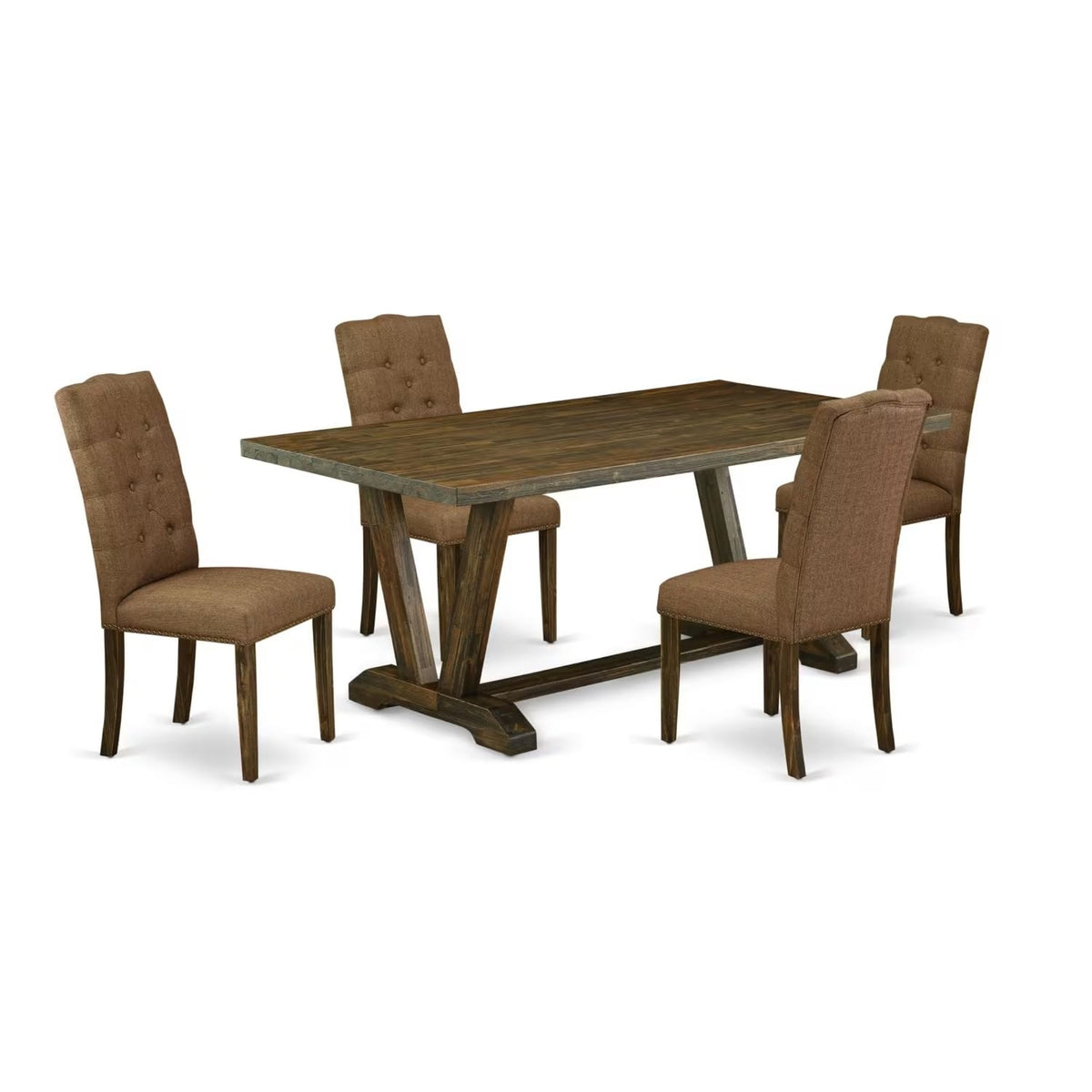 Casafoyer V-Style 5 Piece Modern Set Includes A Rectangle Wooden Table With V-Legs And 4 Brown Linen Fabric Parson Dining Chairs, 40X72 Inch, V777El718-5