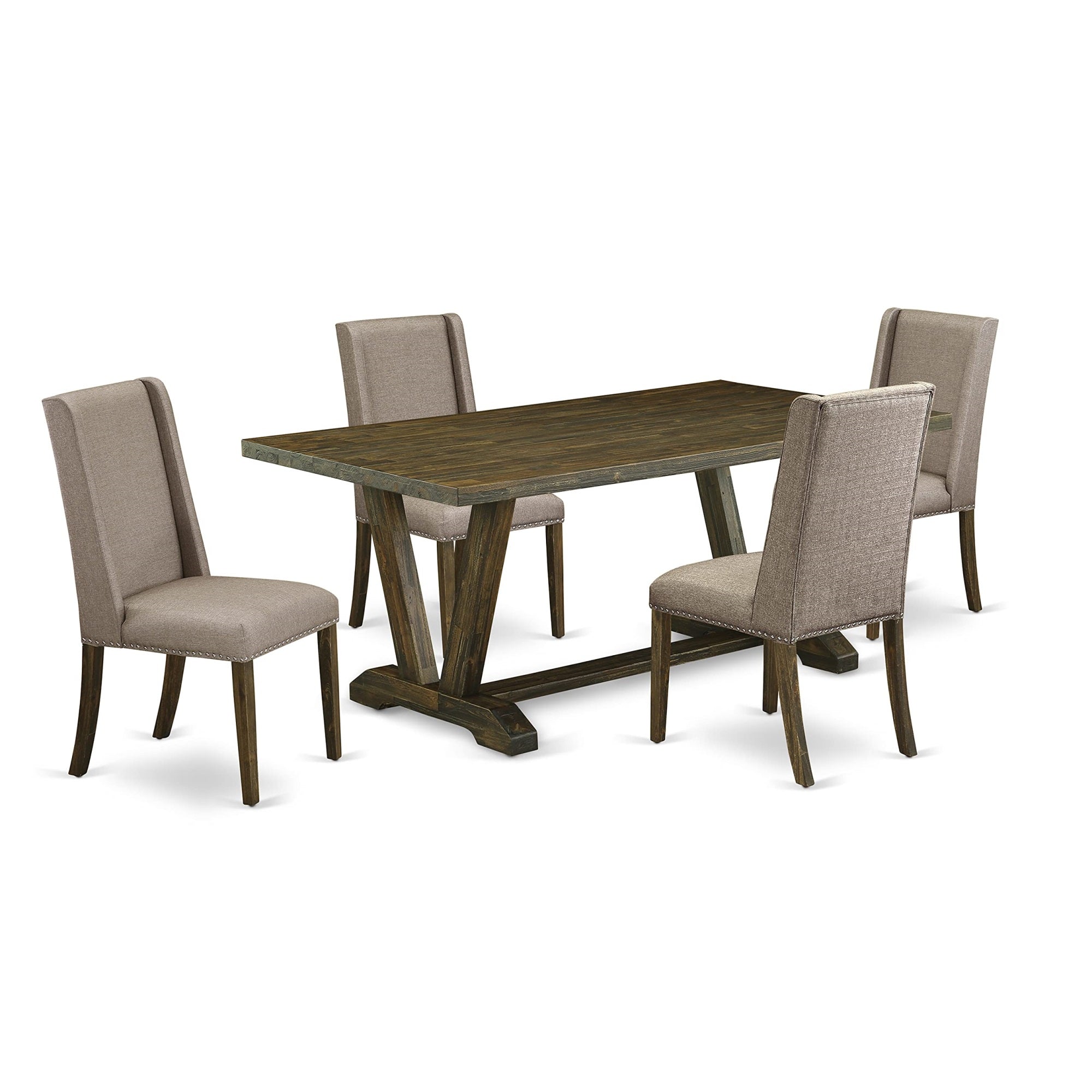 Ergode V777Fl716-5, 5-Piece Dining Set, Rectangular Table, Distressed Jacobean Finish, 4 Upholstered Dining Chairs, Dark Khaki Linen Fabric, High-Quality Asian Wood, Easy Assembly, 300 Lbs Capacity