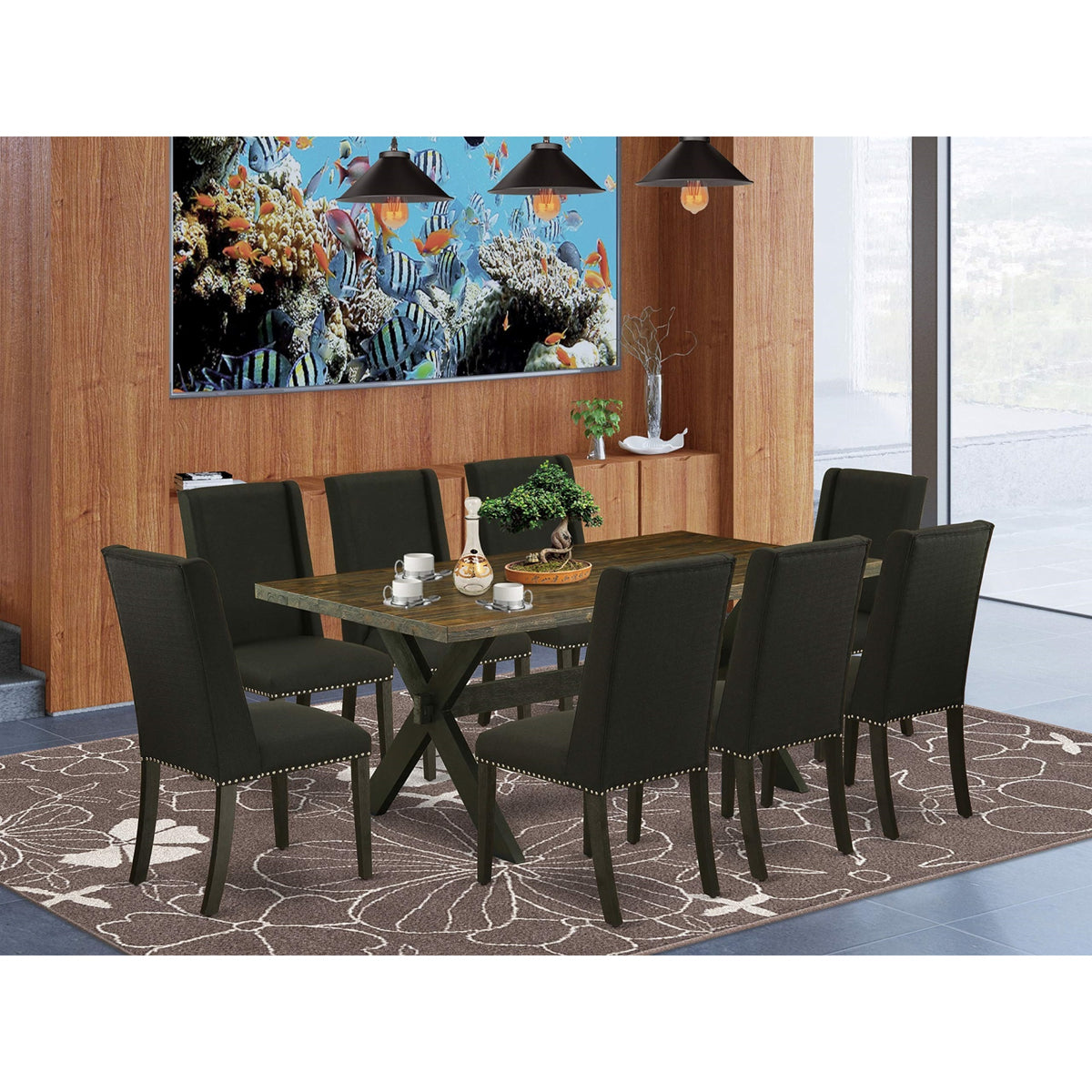 Casafoyer X677Fl624-9 9 Piece Dining Table Set Includes A Rectangle Dining Room Table With X-Legs And 8 Black Linen Fabric Upholstered Parson Chairs, 40X72 Inch, Multi-Color