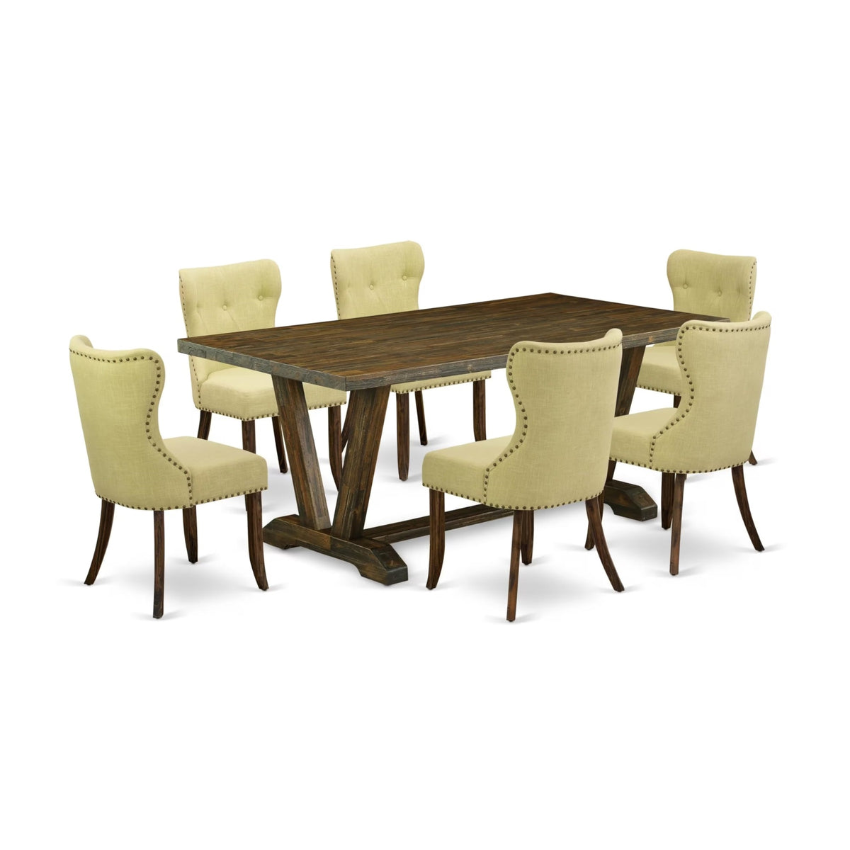 Casafoyer V777Si737-7 7 Piece Modern Dining Table Set Consist Of A Rectangle Wooden Table With V-Legs And 6 Limelight Linen Fabric Upholstered Chairs, 40X72 Inch, Multi-Color