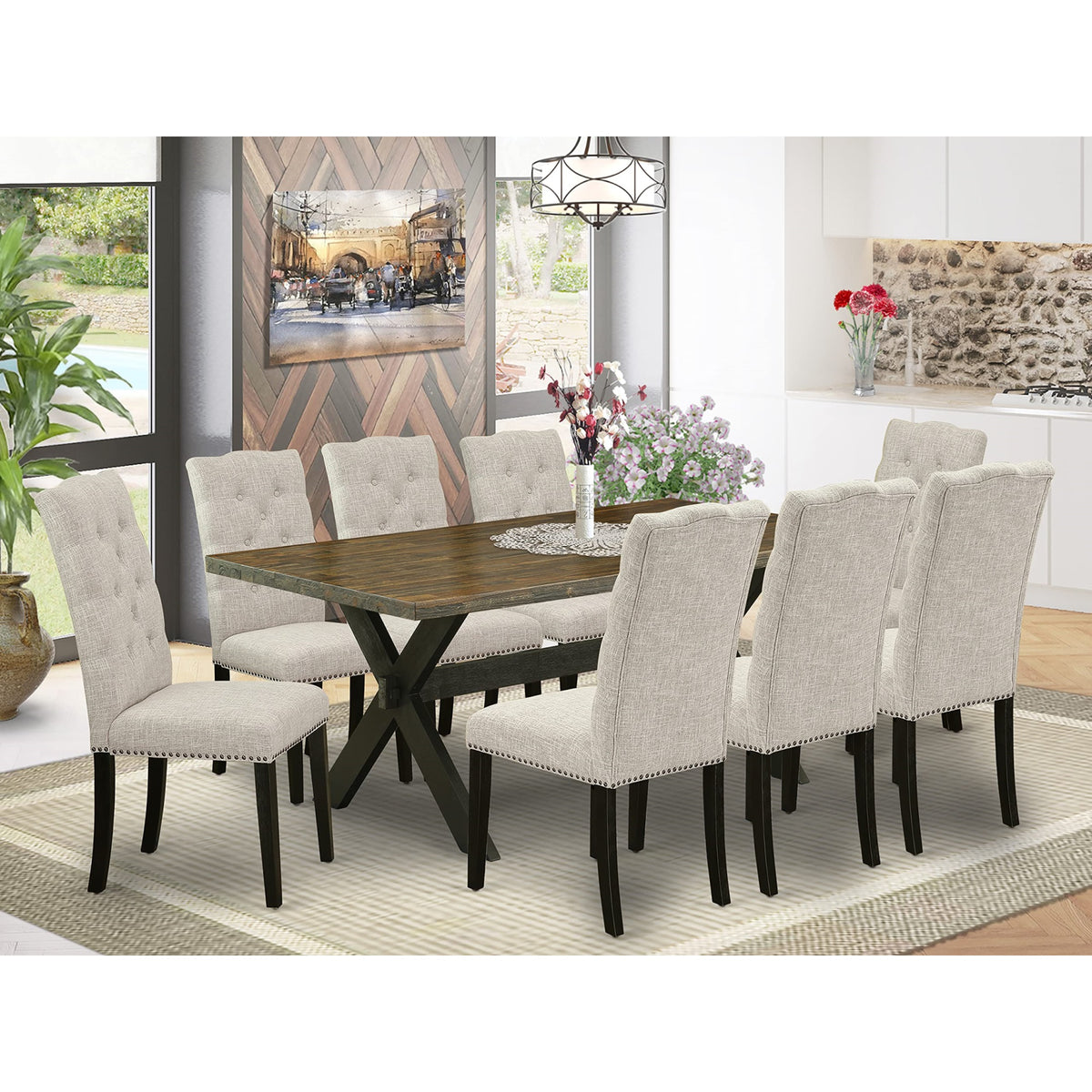 Casafoyer X677El635-9 9-Piece Dining Set - Dinner Table Rectangular Top - 8 Beautiful Dining Chairs Padded Seat And Back (Distressed Espresso & Wire Brushed Black Finish)