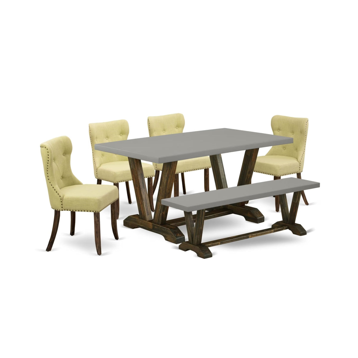 Casafoyer V-Style 6 Piece Dining Set Contains A Rectangle Kitchen Table With V-Legs And 4 Limelight Linen Fabric Upholstered Chairs With A Bench, 36X60 Inch, Multi-Color