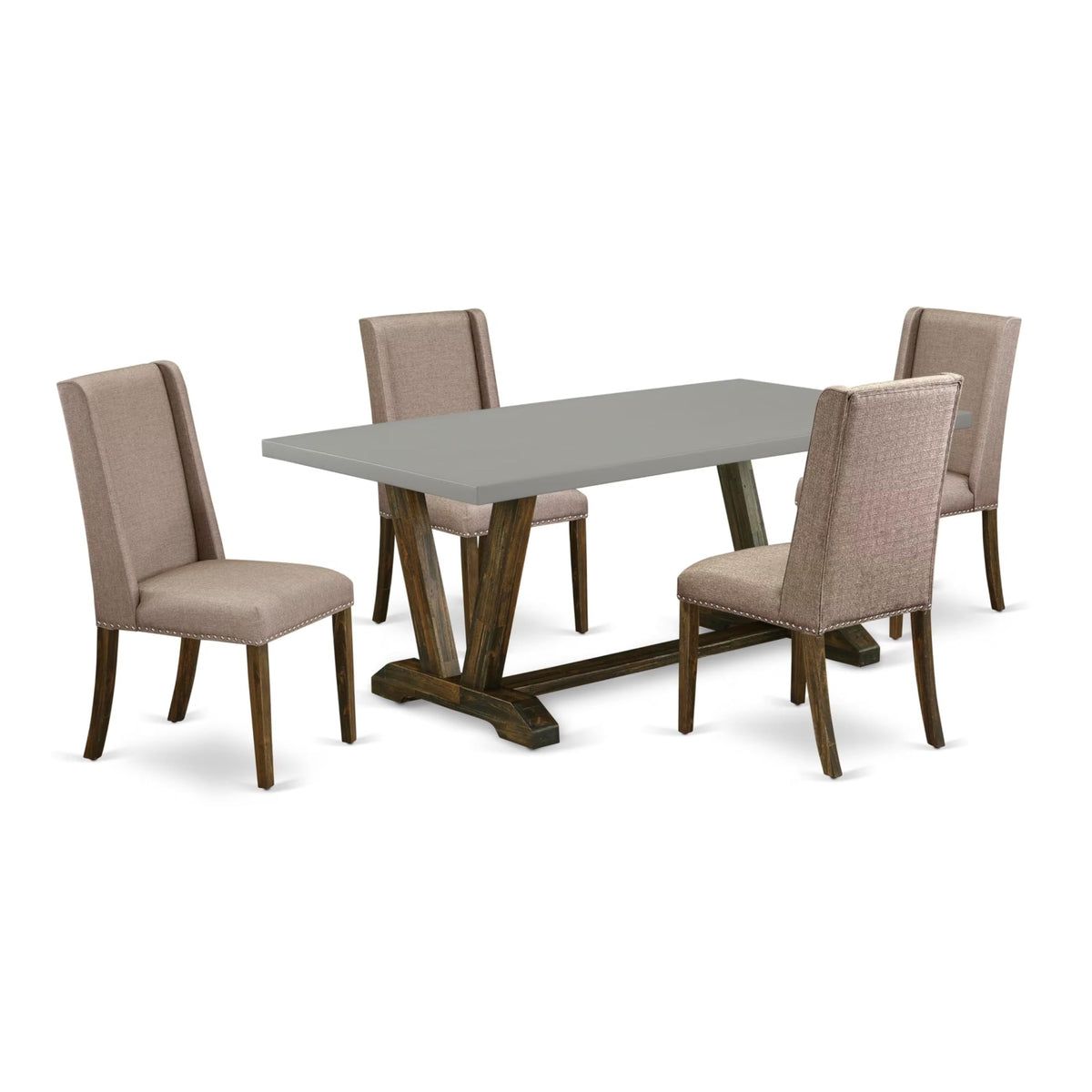 Casafoyer V-Style 5 Piece Modern Set Includes A Rectangle Wooden Table With V-Legs And 4 Dark Khaki Linen Fabric Parson Dining Chairs, 40X72 Inch, Multi-Color