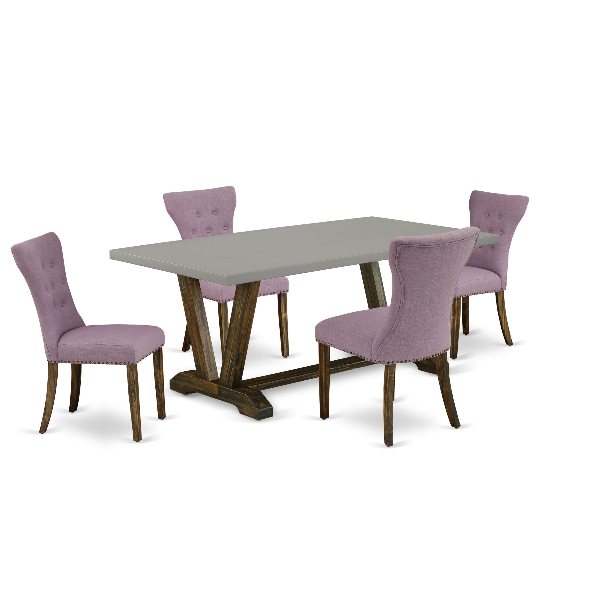 East West Furniture 5-Piece Modern Dining Table Set Included 4 Modern Dining Chairs Upholstered Seat And High Button Tufted Chair Back And Rectangular Table With Cement Color Dining Table Top - Distressed Jacobean Finish