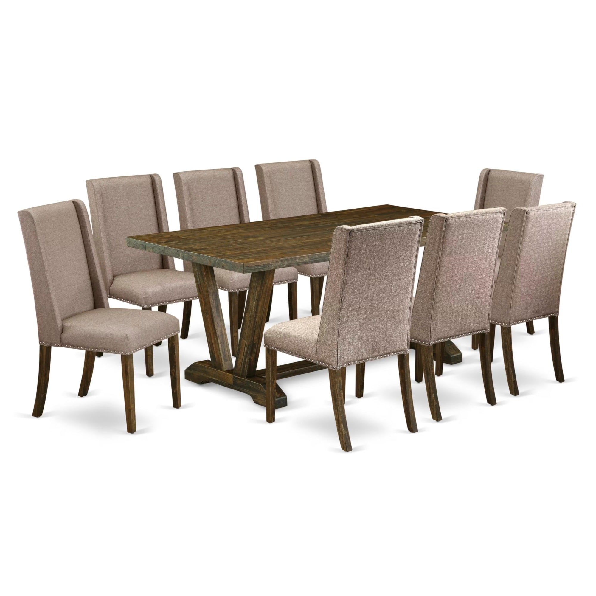 Casafoyer V-Style 9 Piece Dining Set Includes A Rectangle Kitchen Table With V-Legs And 8 Dark Khaki Linen Fabric Upholstered Chairs, 40X72 Inch, Multi-Color