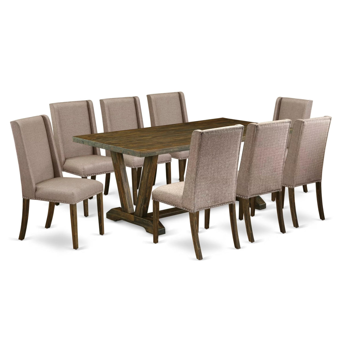 Casafoyer V-Style 9 Piece Dining Set Includes A Rectangle Kitchen Table With V-Legs And 8 Dark Khaki Linen Fabric Upholstered Chairs, 40X72 Inch, Multi-Color