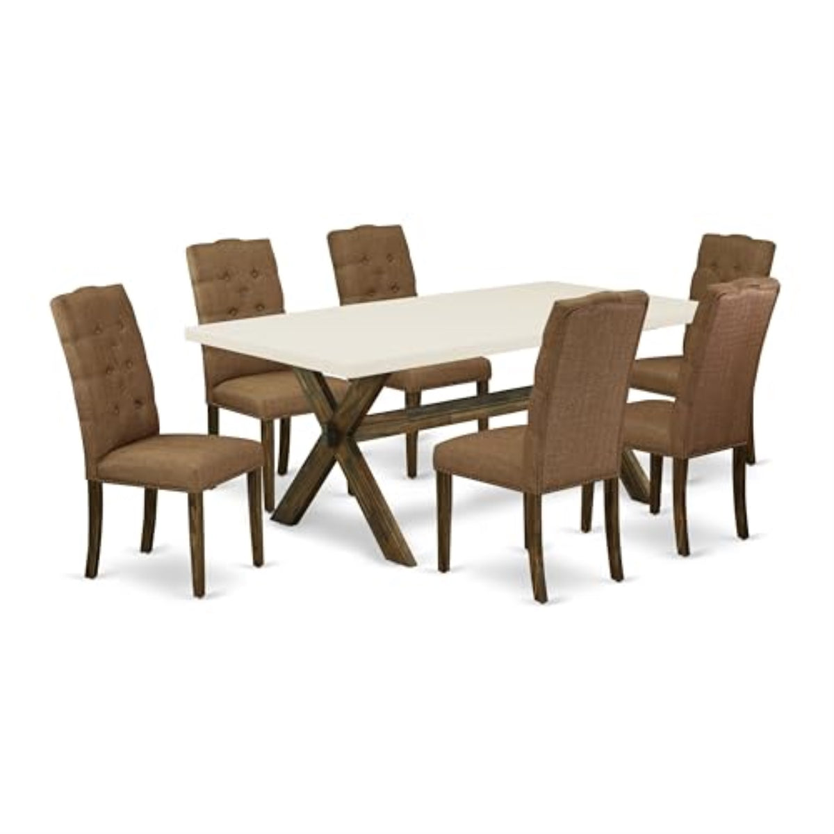 Casafoyer X727El718-7 7-Pc Dining Room Table Set  Dining Table Rectangle Top - 6 Fantastic Kitchen Chairs Linen Fabric Seat And Back (Linen White & Distressed Espresso Finish)