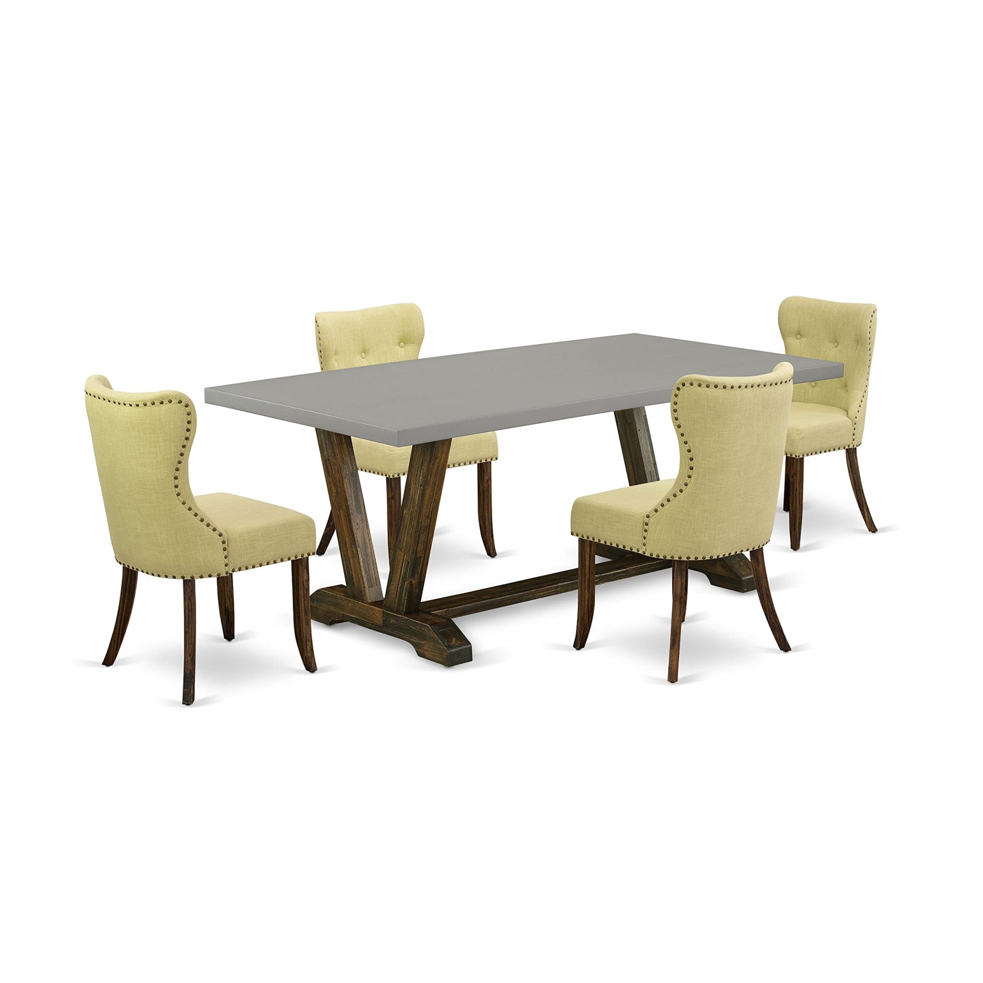 Ergode V797Si737-5, 5-Piece Dining Room Table Set, Rectangular Table & 4 Parson Chairs, Linen Upholstery, Cement Top, Asian Wood, Easy To Clean, Timeless Design, 60'X36' Table, 19.5'X21.5'X35.5' Chairs