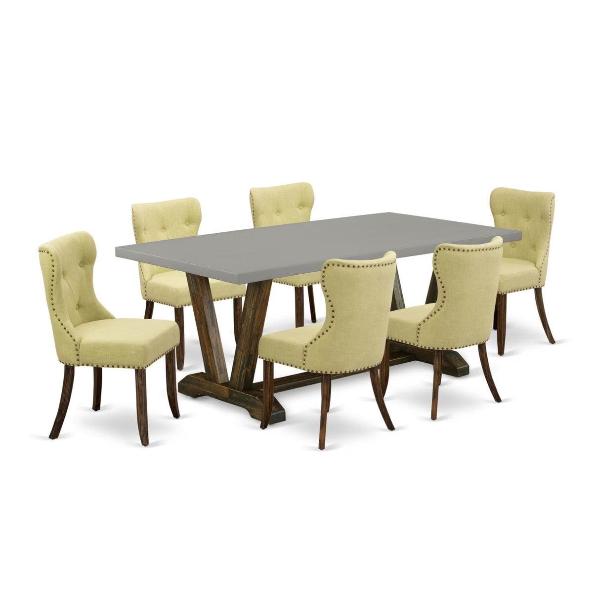 Casafoyer V-Style 7 Piece Set Consist Of A Rectangle Dining Room Table With V-Legs And 6 Limelight Linen Fabric Parsons Chairs, 40X72 Inch, Multi-Color