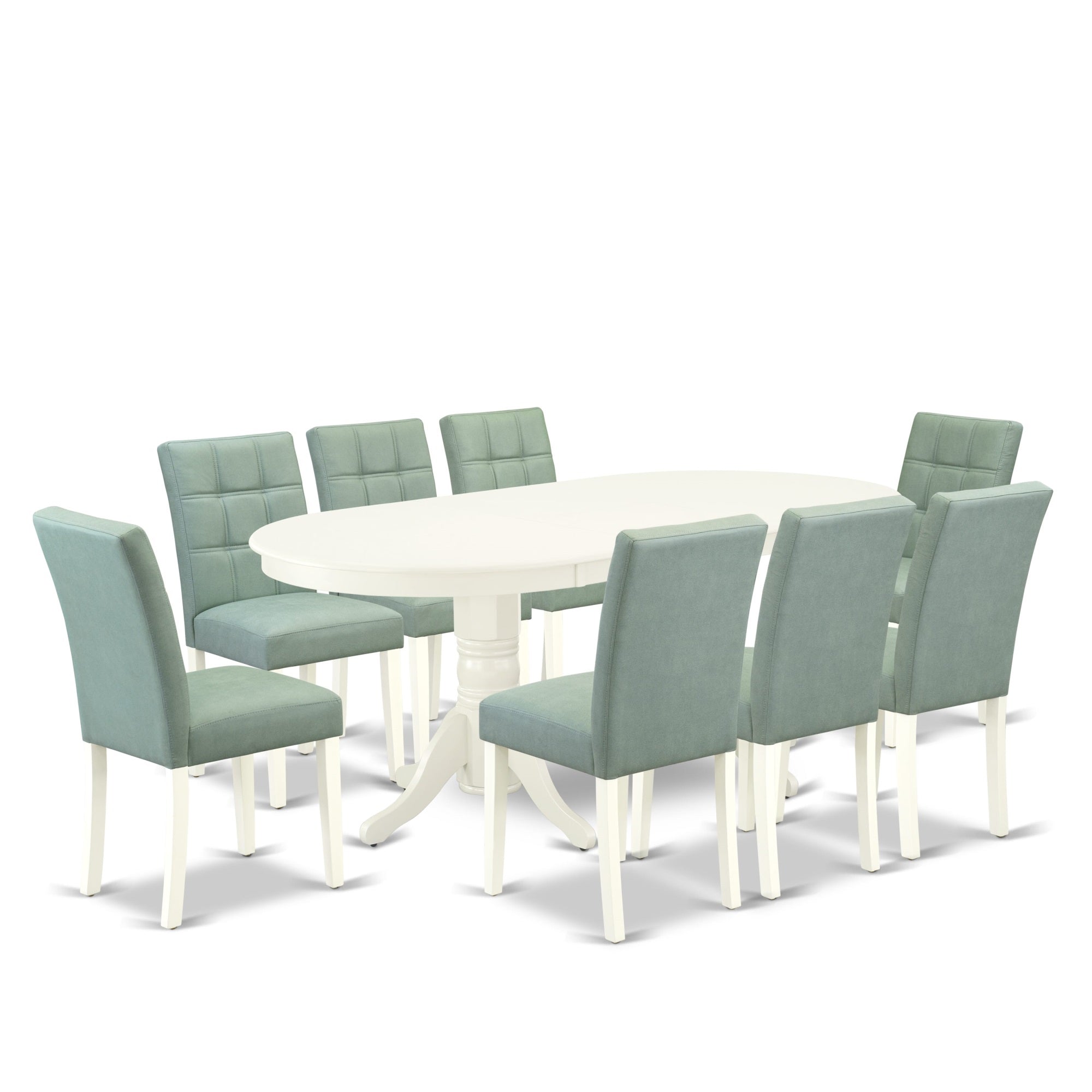 East West Furniture Vaas9-Lwh-43 9 Piece Dining Room Set Includes A Wooden Dining Table And 8 Willow Green Faux Leather Parsons Chairs, Linen White