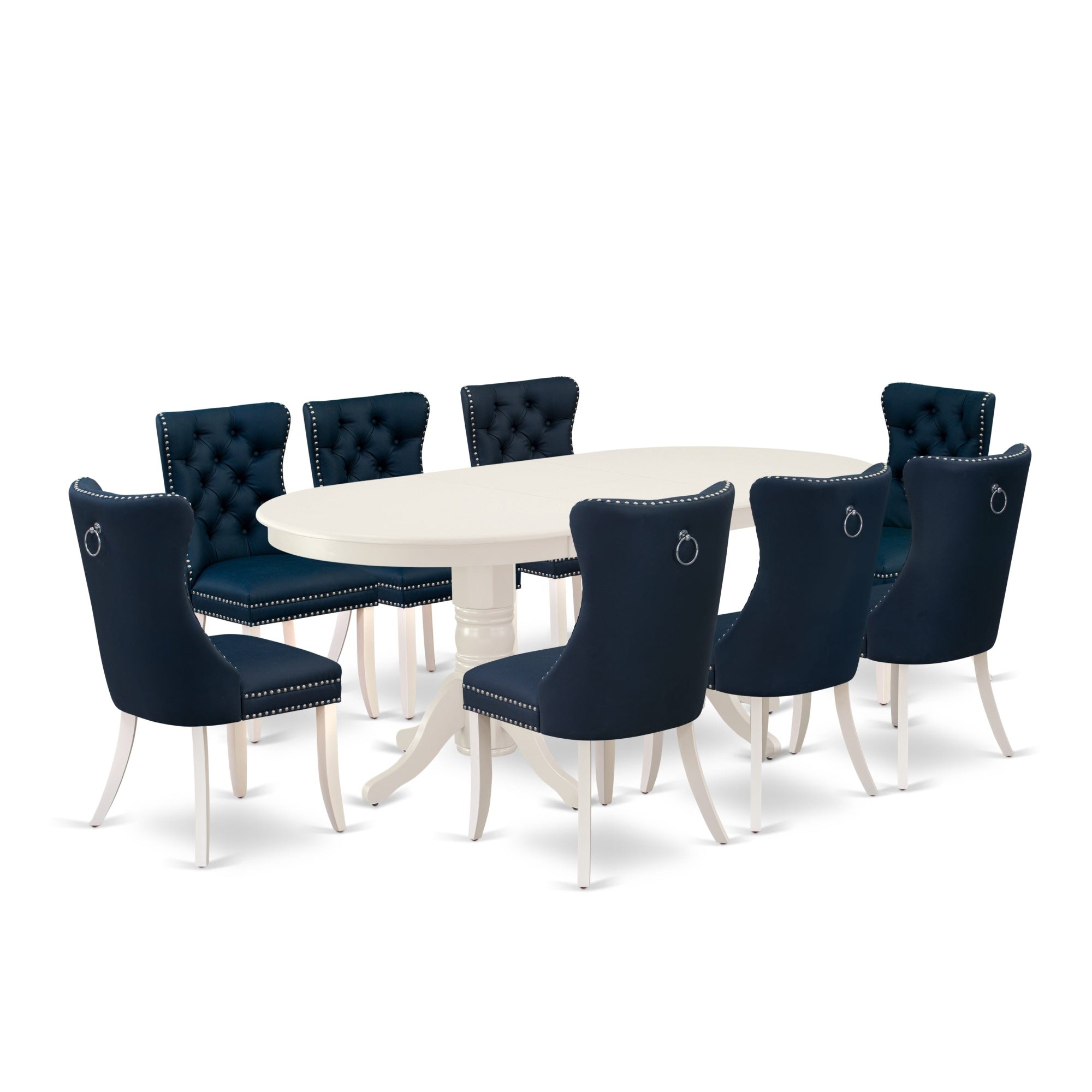 East West Furniture Vada9-Lwh-29 9 Piece Kitchen Table Set Includes An Oval Dining Table With Butterfly Leaf And 8 Padded Chairs, 40X76 Inch, Linen White