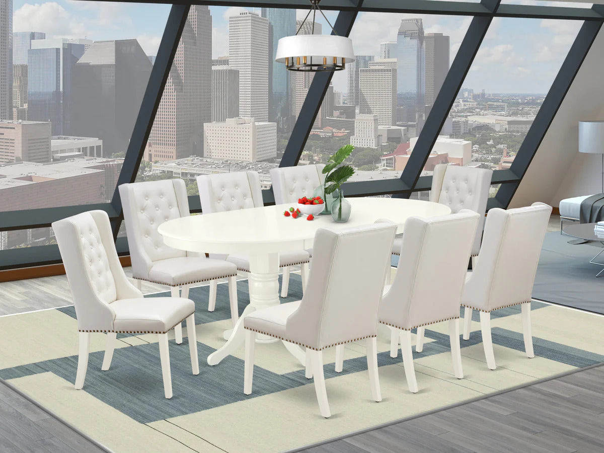 East West Furniture Vafo9-Lwh-44 9-Pc Kitchen Dining Room Set Includes 1 Butterfly Leaf Double Pedestal Table - 8 Light Grey Linen Fabric Parson Chairs With Button Tufted Back - Linen White Finish