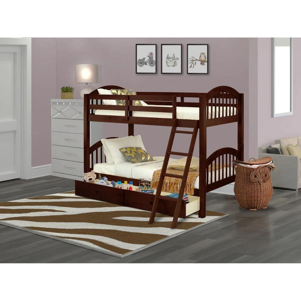 Casafoyer Veb-08-Ta Hardwood Bunk Beds For Compact Spaces With Ladder And Two Drawers, Java Finish