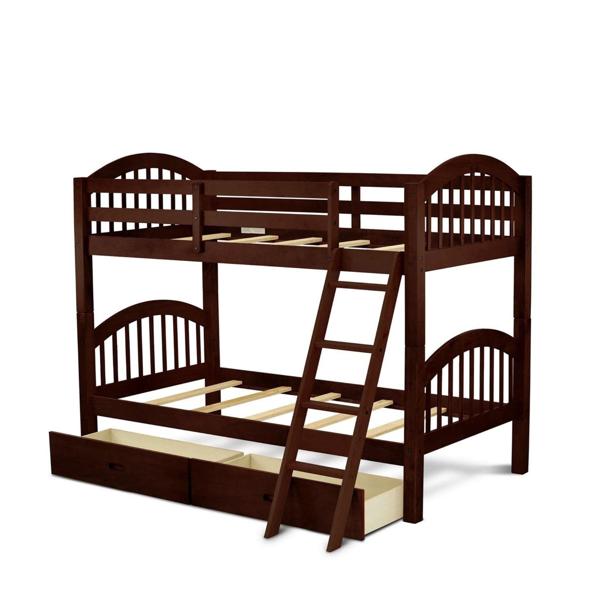 East West Furniture Veb-08-Ta Hardwood Bunk Beds For Compact Spaces With Ladder And Two Drawers, Java Finish