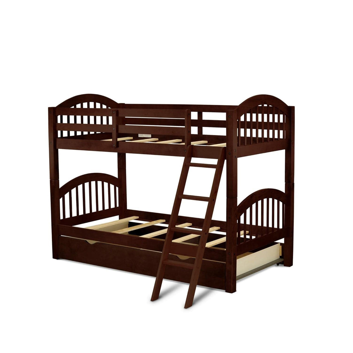 Casafoyer Veb-08-Tu Solid Wood Bunk Beds Twin Over Twin With Guard Rail And Trundle, Java Finish