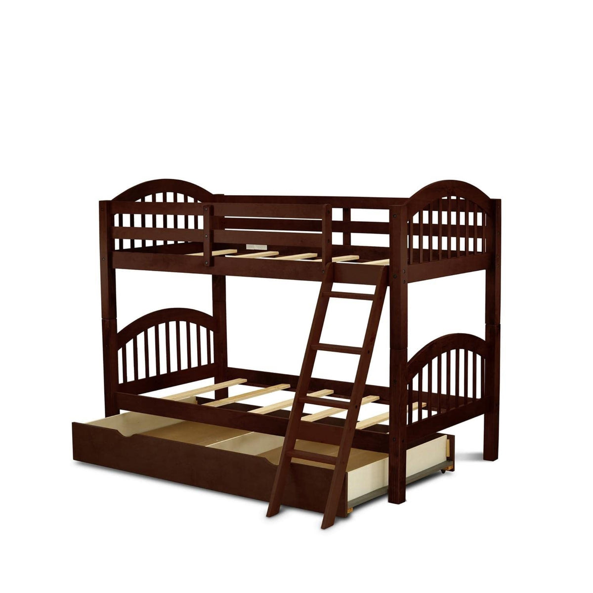 East West Furniture Veb-08-Tu Solid Wood Bunk Beds Twin Over Twin With Guard Rail And Trundle, Java Finish