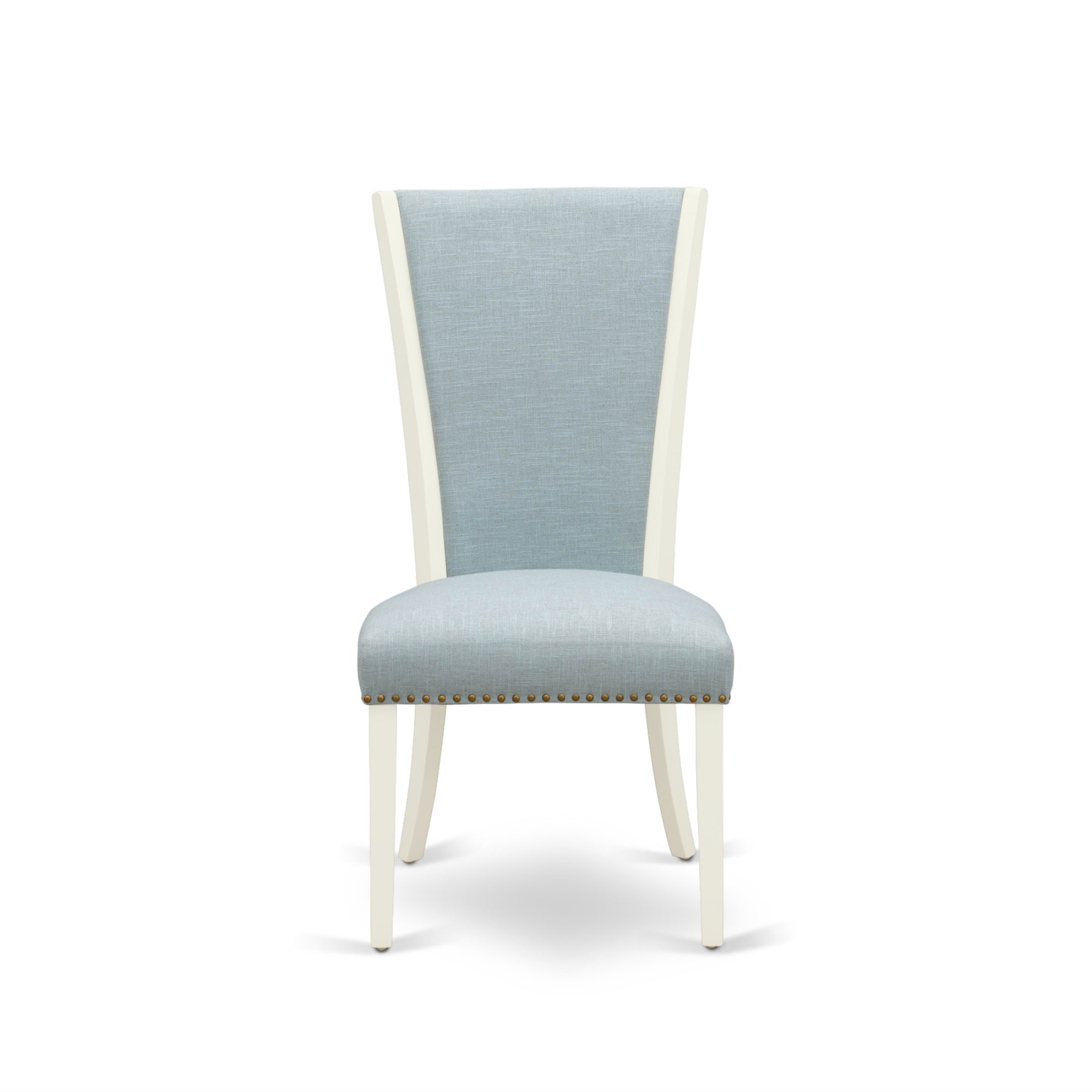 East West Furniture 2 Dining Chair- Upholstered Chair Includes Linen White Hardwood Structure With Baby Blue Linen Fabric Seat With Nail Head And Stylish Back