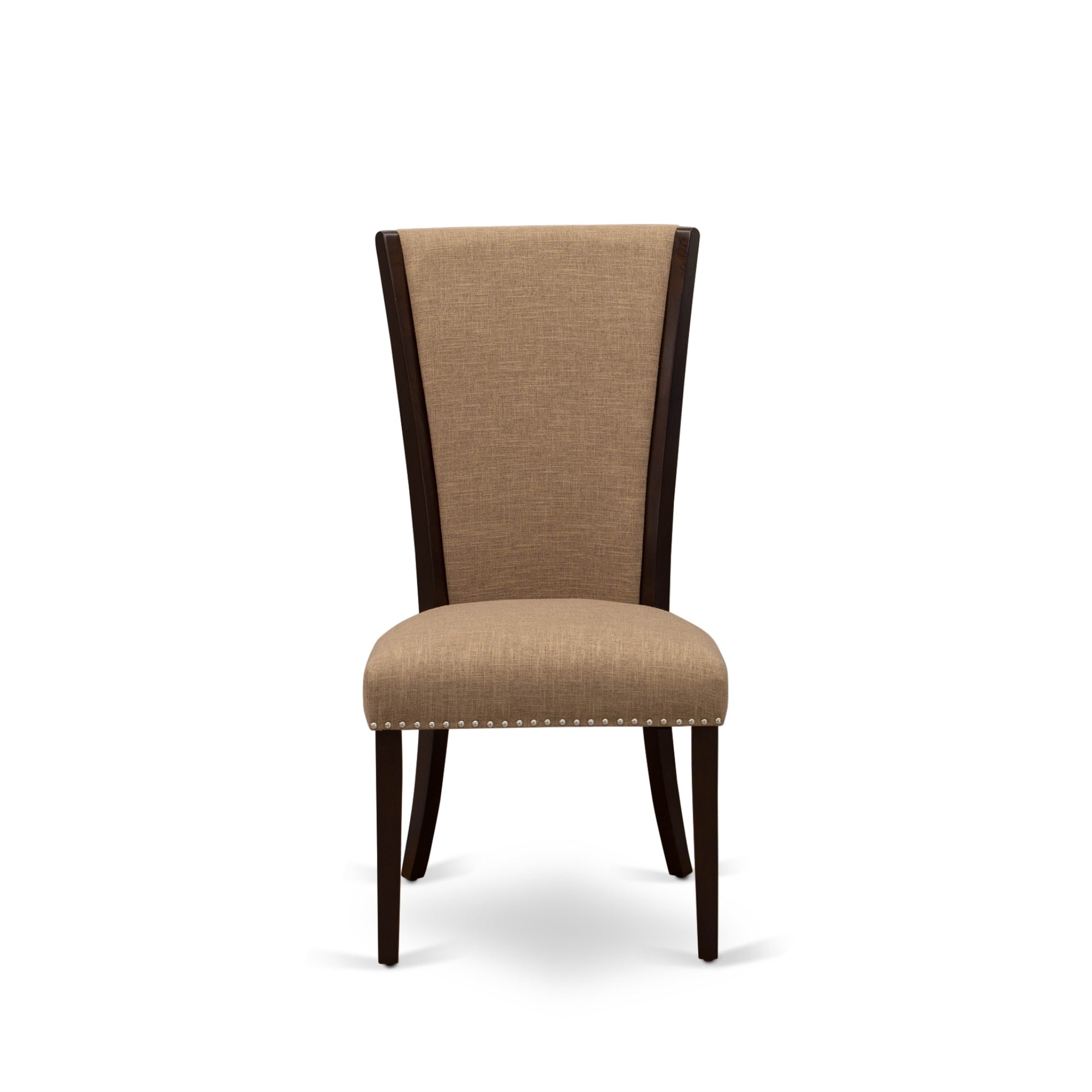 East West Furniture 2 Upholstered Dining Chair- Wooden Chairs Includes Mahogany Solid Wood Structure With Light Sable Linen Fabric Seat With Nail Head And Stylish Back