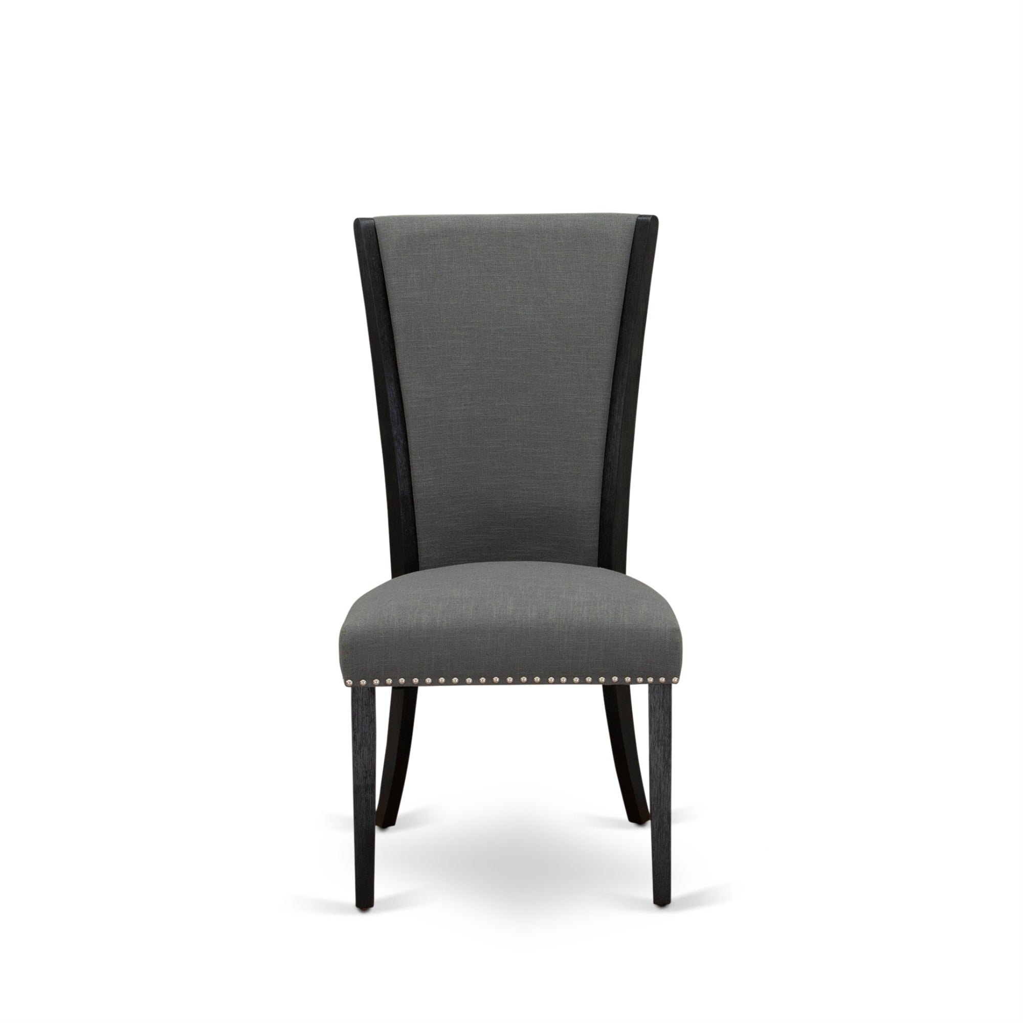 East West Furniture 2 Dining Room Chairs- Wooden Chair Includes Black Wooden Structure With Dark Gotham Grey Linen Fabric Seat With Nail Head And Stylish Back