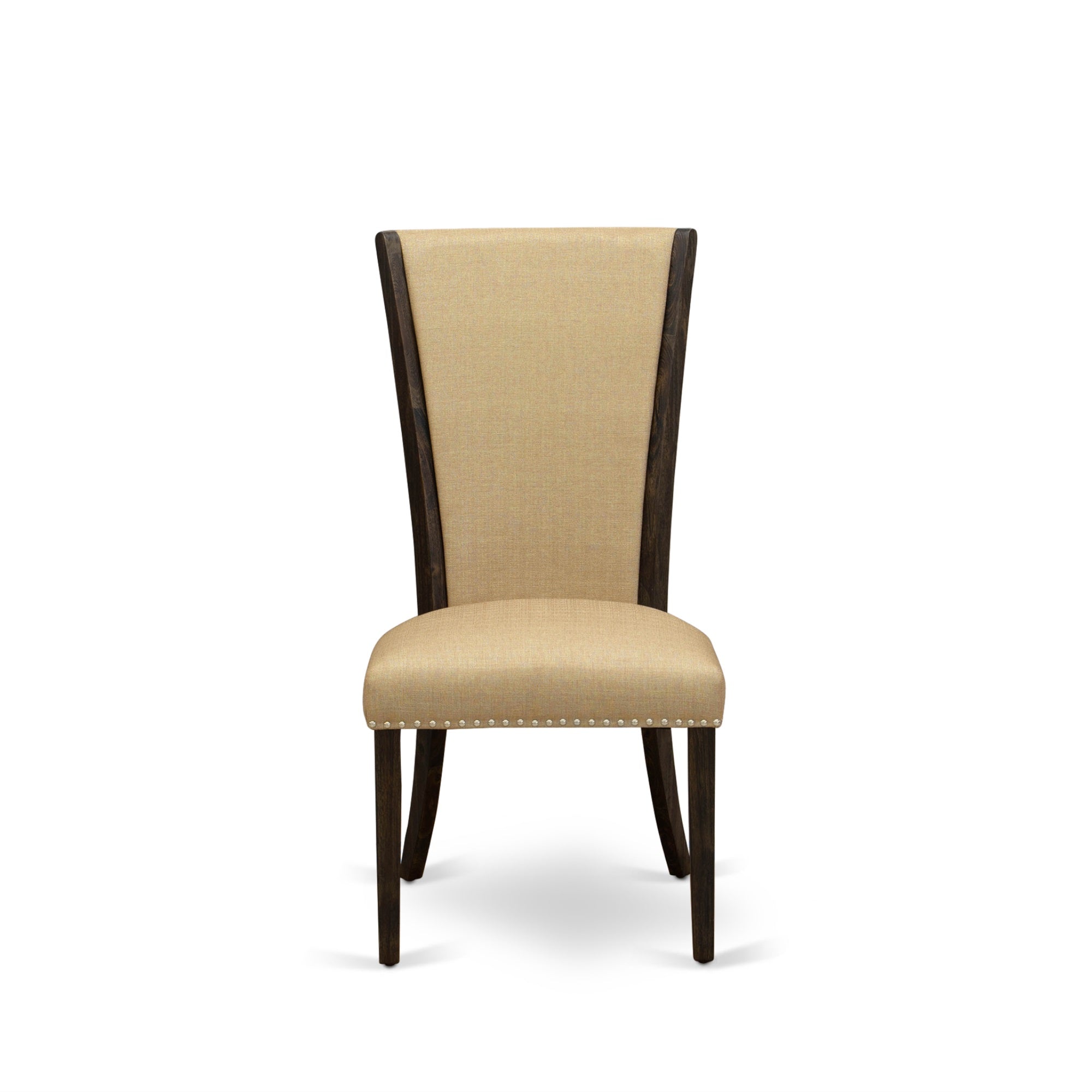 East West Furniture 2 Wood Chairs- Wood Chair Includes Distressed Jacobean Hardwood Frame With Brown Linen Fabric Seat With Nail Head And Stylish Back