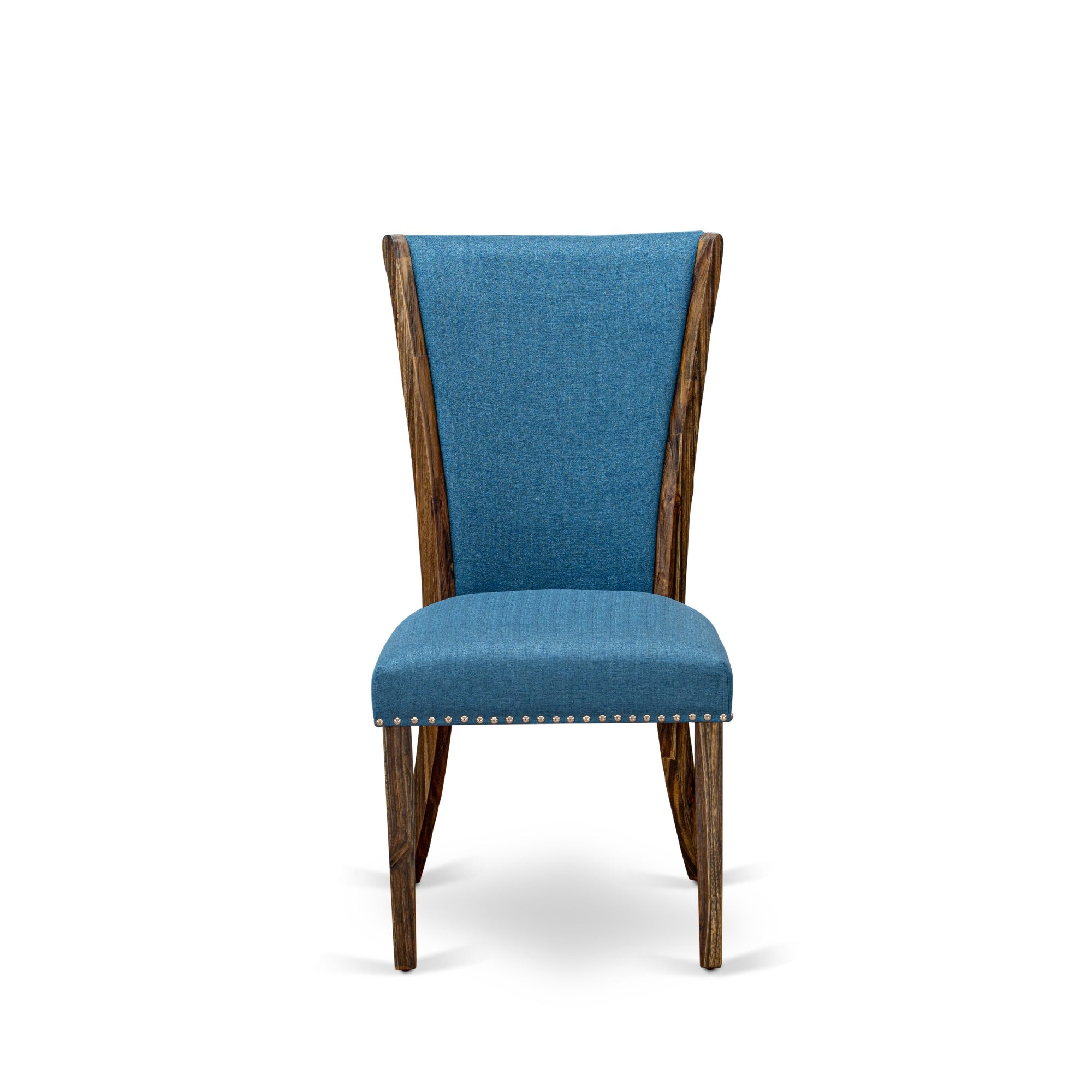 East West Furniture 2 Upholstered Chair- Dining Chair Includes Distressed Jacobean Wood Frame With Blue Linen Fabric Seat With Nail Head And Stylish Back