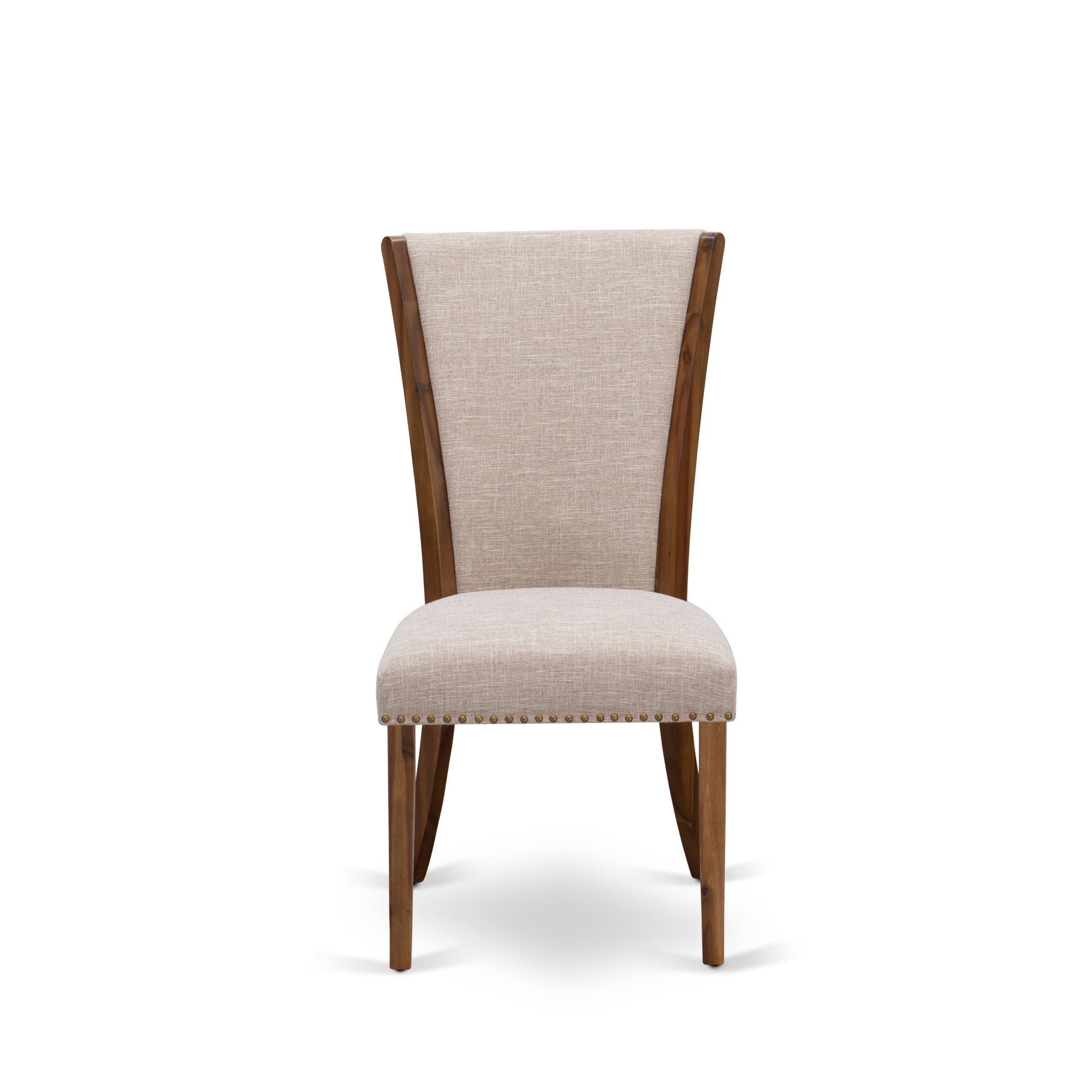 East West Furniture 2 Modern Chairs- Mid Century Dining Chairs Includes Antique Walnut Wooden Structure With Light Tan Linen Fabric Seat With Nail Head And Stylish Back