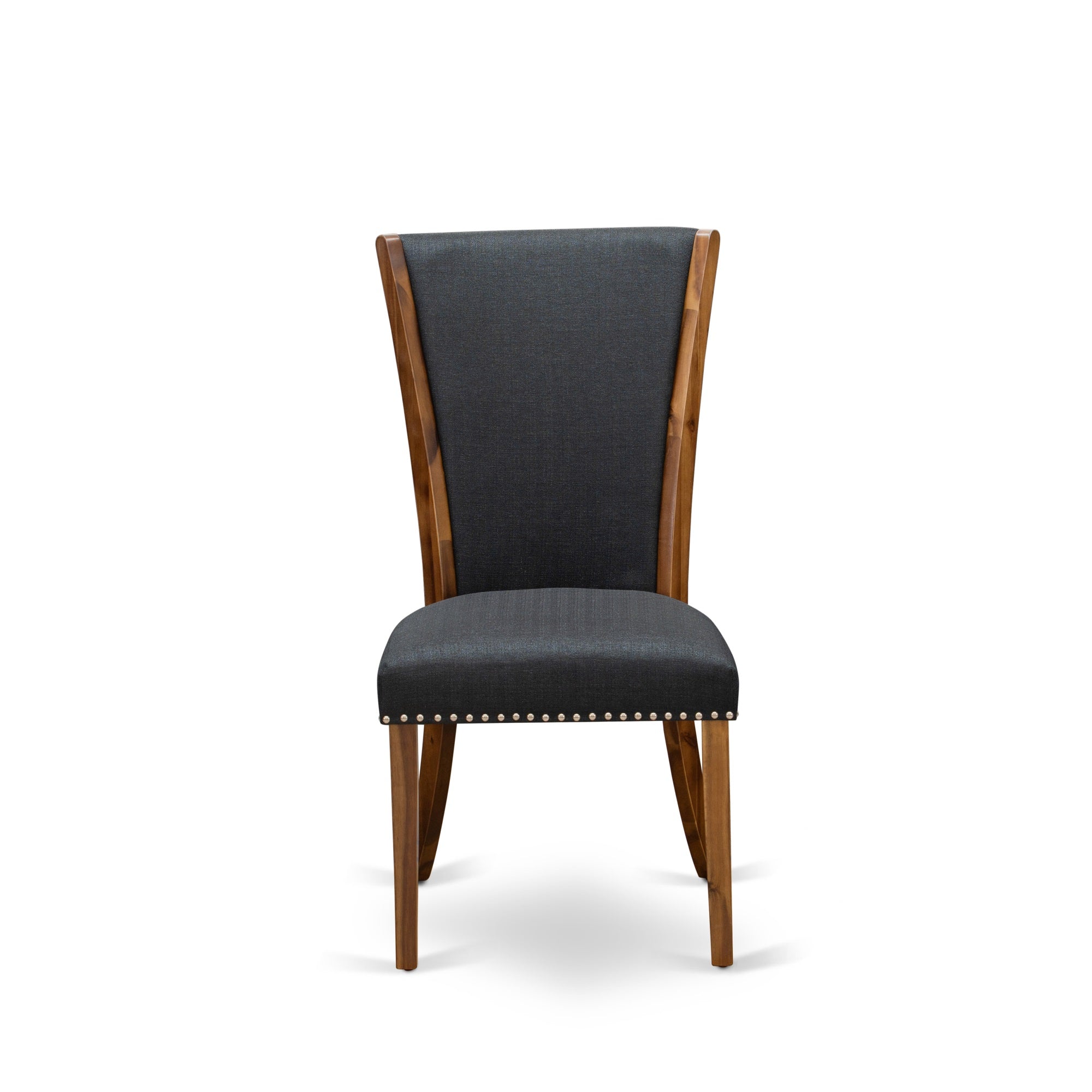East West Furniture 2 Dinner Chairs- Wooden Dining Chairs Includes Antique Walnut Wooden Frame With Black Linen Fabric Seat With Nail Head And Stylish Back