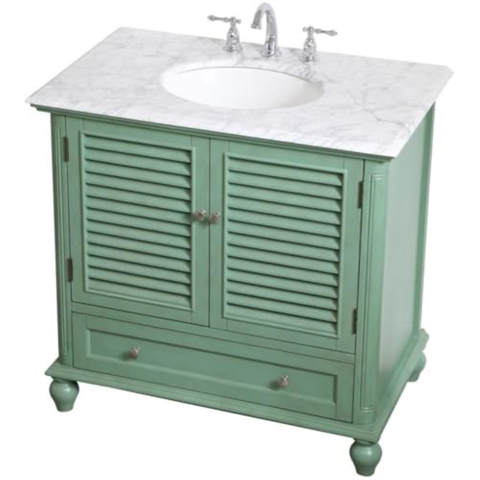 Ergode 36' Single Bathroom Vanity In Vintage Mint-Carrara White Marble Countertop, Brushed Nickel Hardware - Rhodes Collection