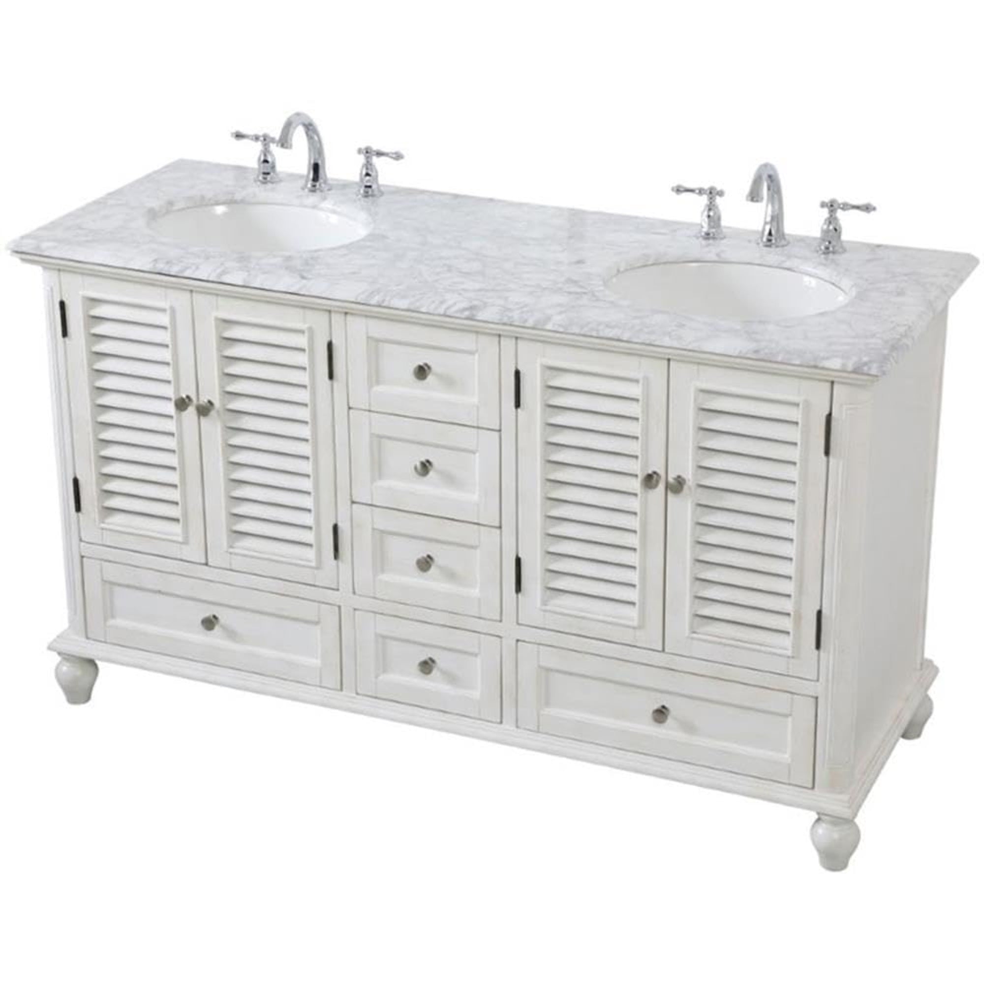 Ergode 60 Inch Double Bathroom Vanity In Antique White-Carrara White Marble Countertop, Brushed Nickel Hardware, Solid Wood Construction