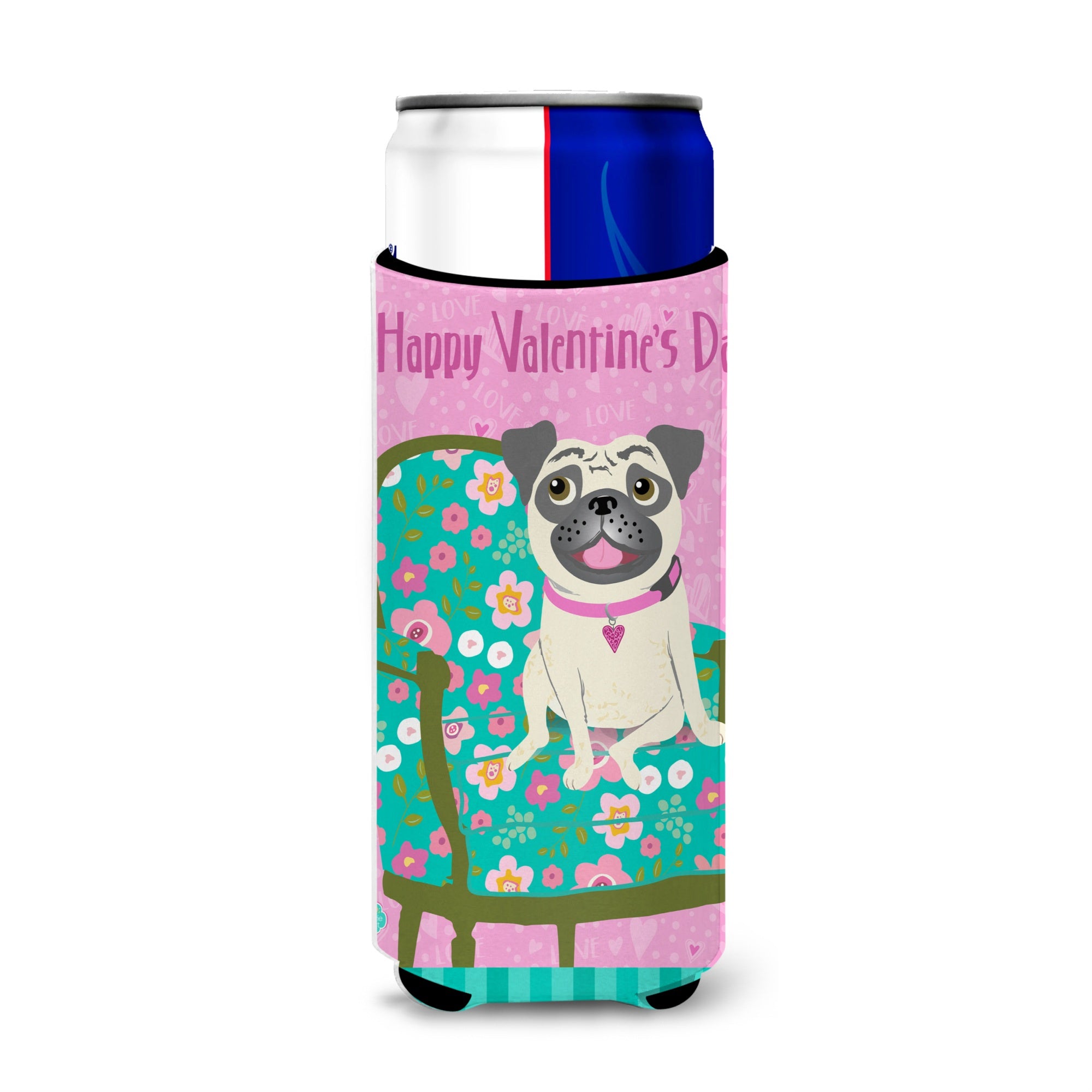 Caroline'S Treasures Happy Valentine'S Day Pug Michelob Ultra Koozies For Slim Cans, Multicolor