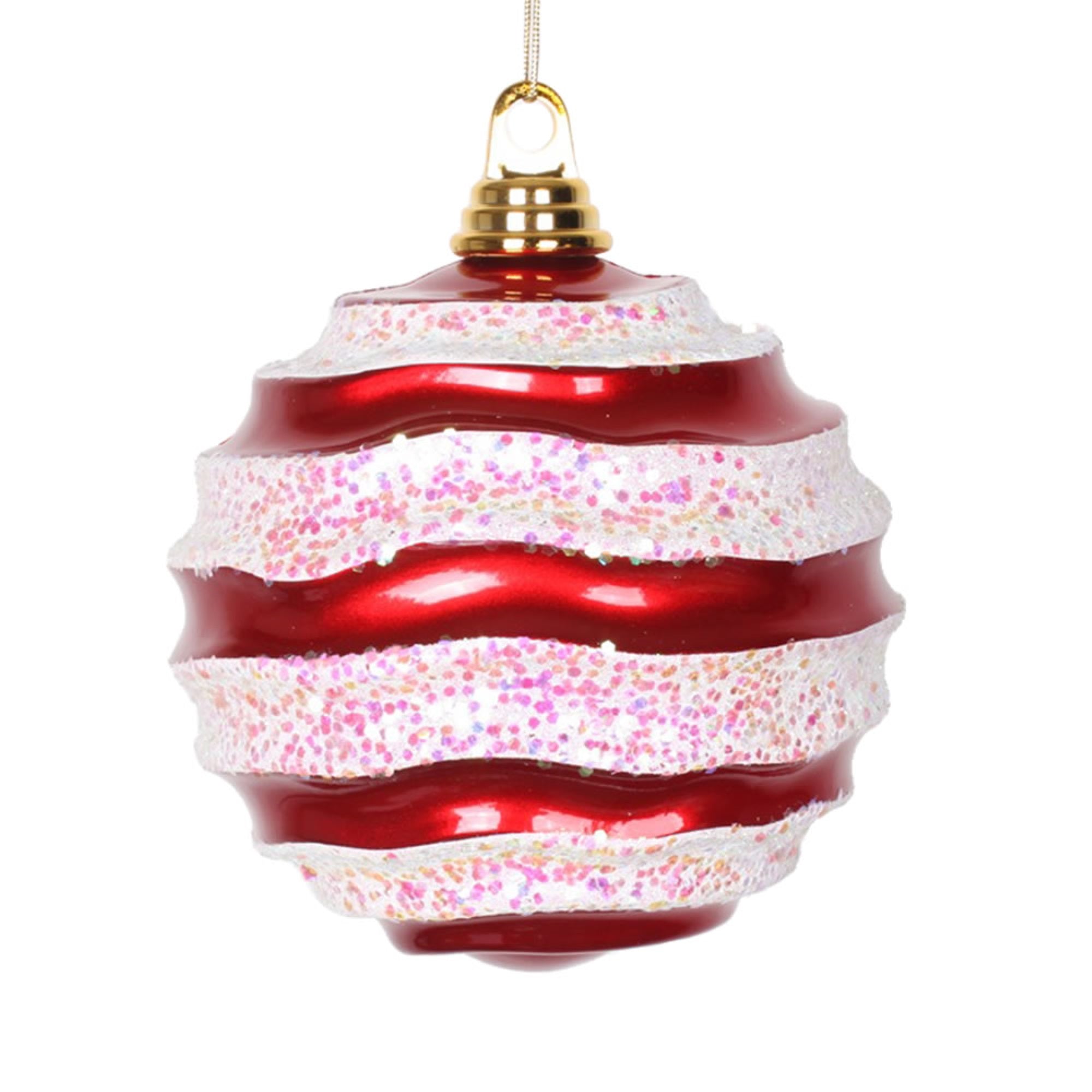 Vickerman 8″ Red-White Candy Glitter Wave Ball - M132173