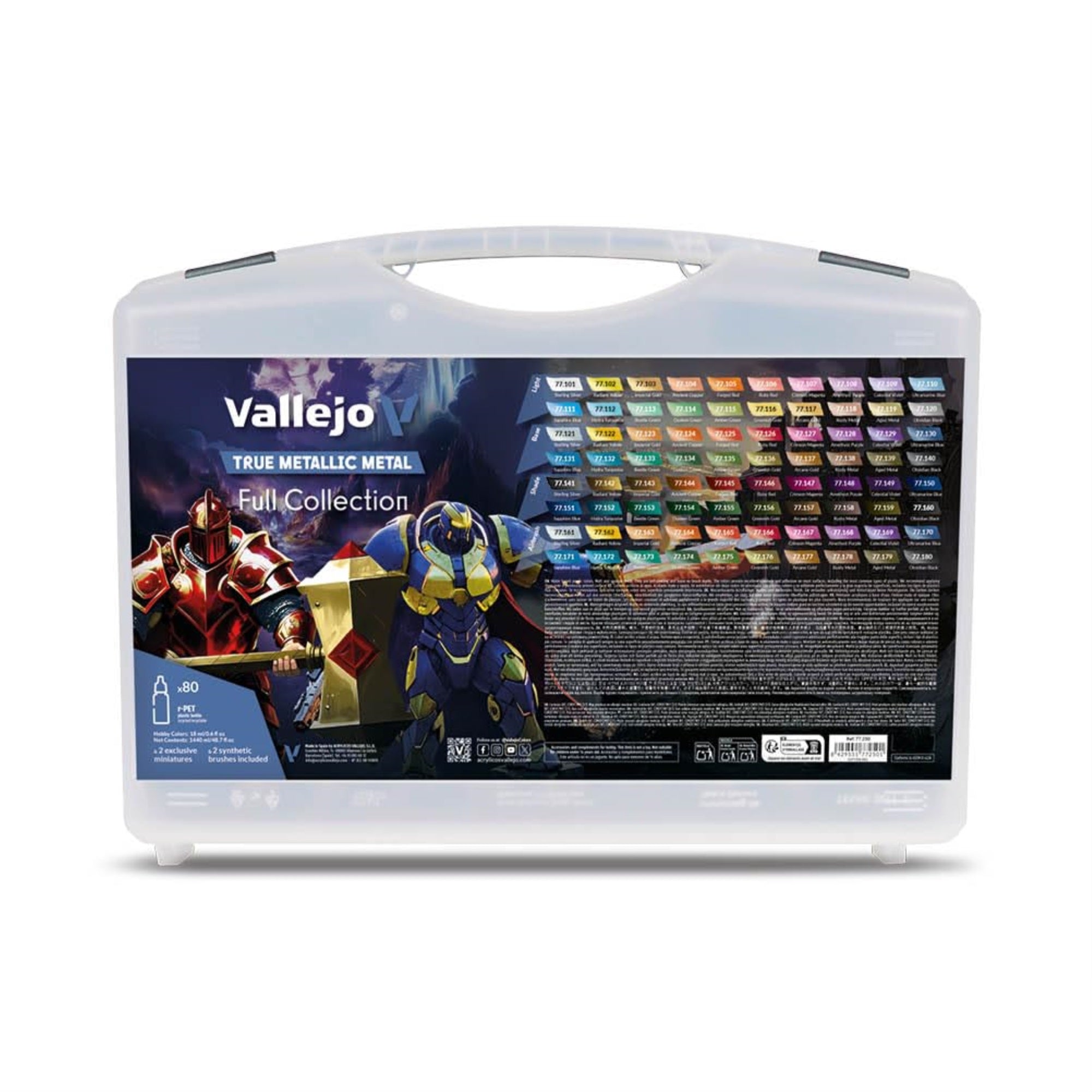 Vallejo - True Metallic Metal Full Collection Case, Complete Acrylic Colors Range for Model Enthusiasts with 2 Bruses and 2 Exclusive Miniatures Included with Guide, 80 Bottles x 18 ml (0.60 fl.oz.)