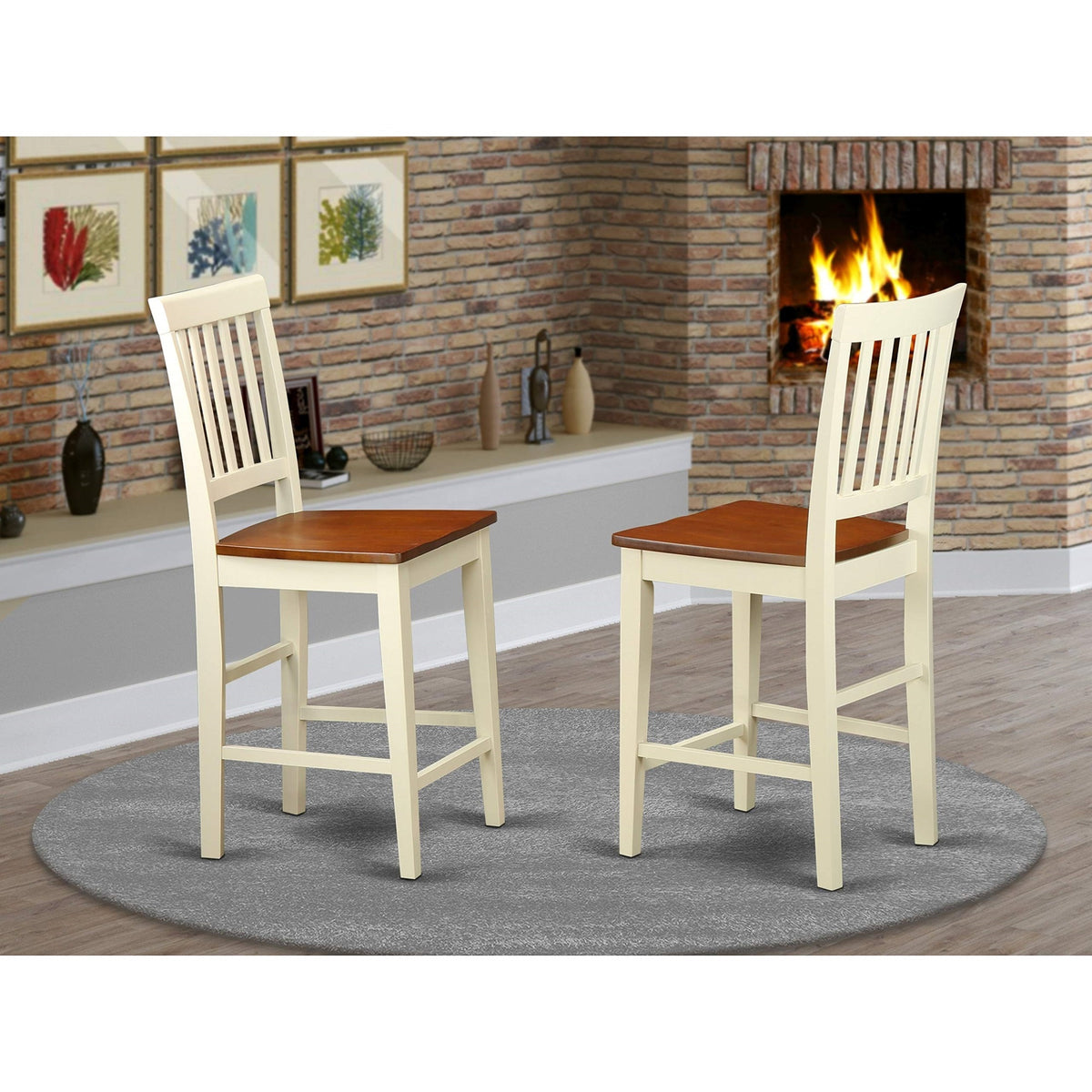 Casafoyer Vernon Counter Bar Stool-Pub Height Wooden Chairs, Set Of 2, Buttermilk & Cherry