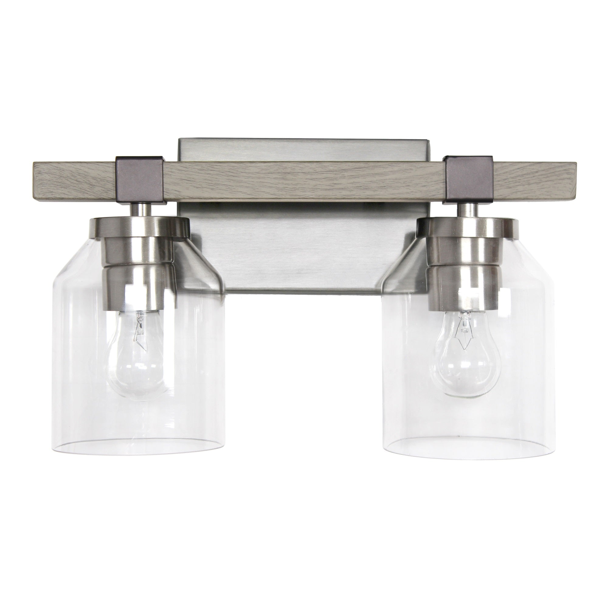 Elegant Designs 14' Country Farmhouse Gray And Brushed Nickel Decorative 2 Light Wall Mounted Metal Vanity Fixture With Clear Glass Shades For Bathroom, Entryway, Hallway, Office, Bedroom, Dining Room