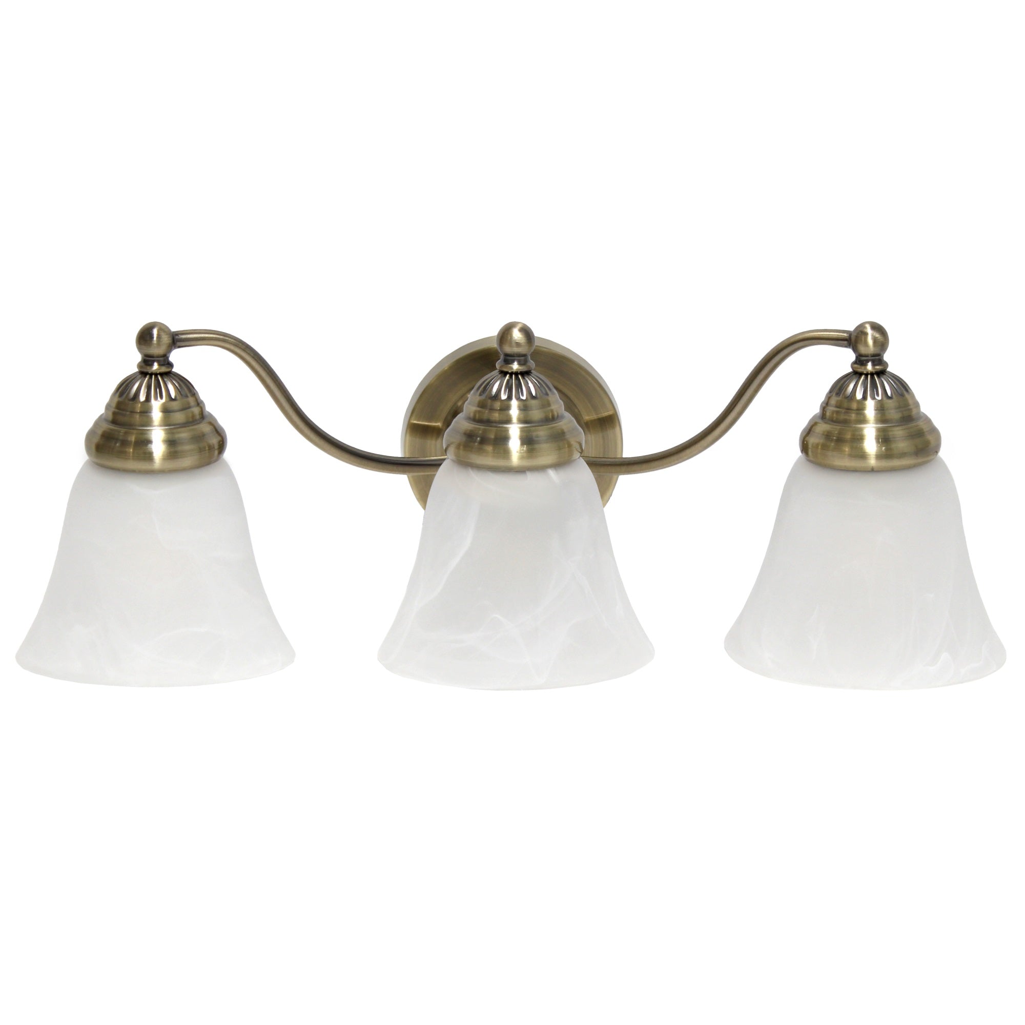 Simple Designs 19.25' Classic 3 Light Winding Metal And Frosted Marble White Bell Shape Glass Shades Decorative Wall Mounted Vanity Fixture For Bathroom, Entryway, Hallway, Antique Brass