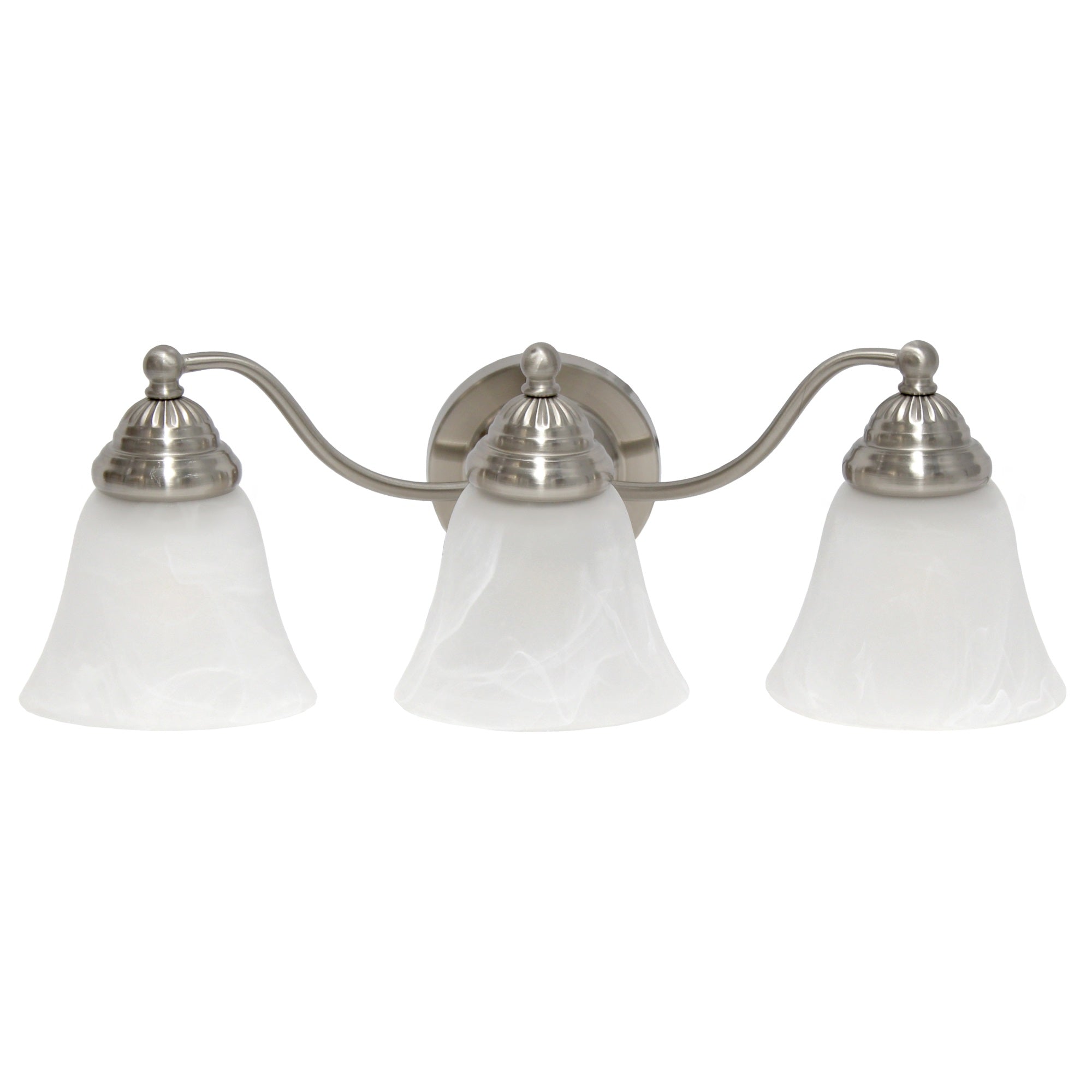 Simple Designs 19.25' Classic 3 Light Winding Metal And Frosted Marble White Bell Shape Glass Shades Decorative Wall Mounted Vanity Fixture For Bathroom, Entryway, Hallway, Brushed Nickel
