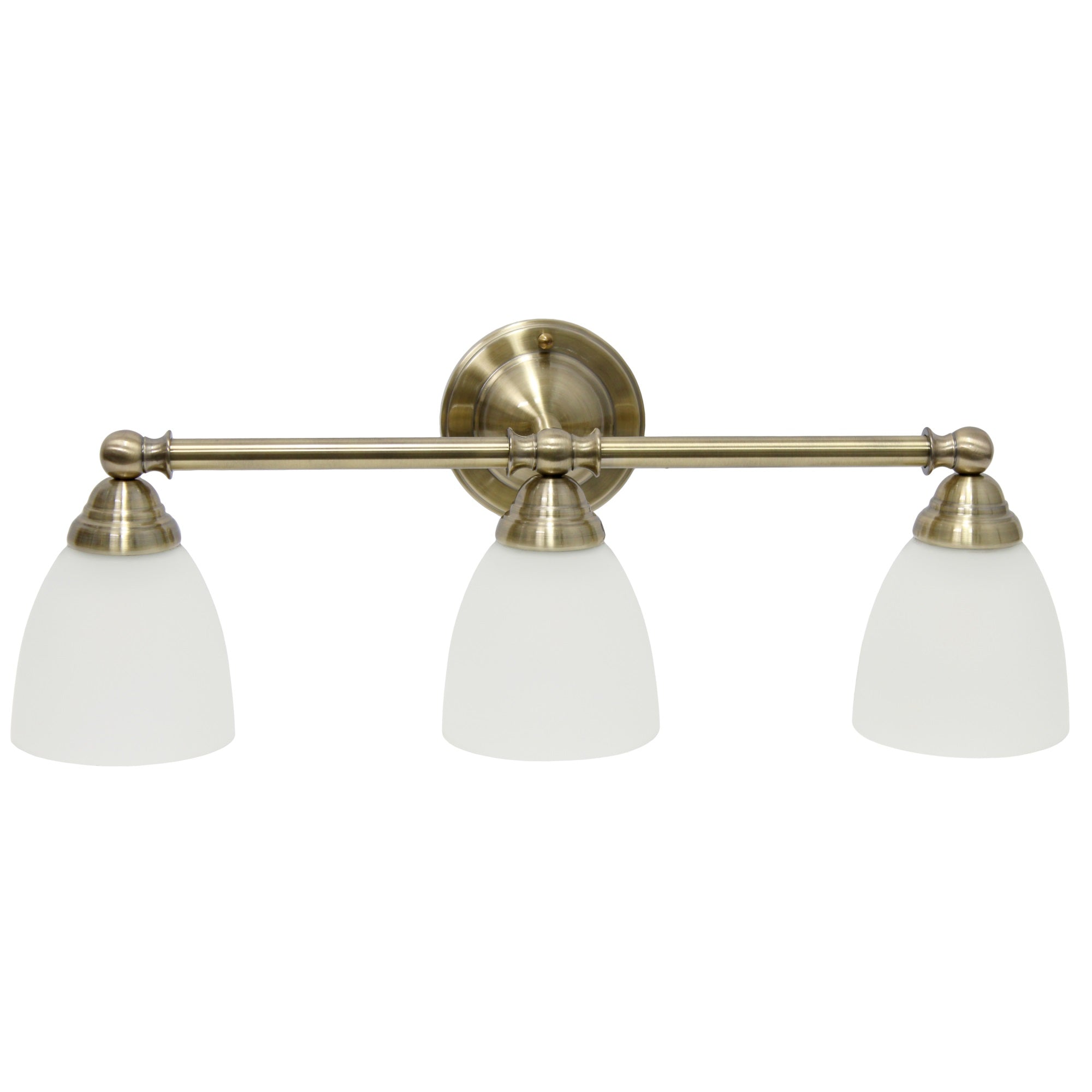 Simple Designs 25' Classic 3 Light Metal Bar And Frosted Cone Shape Glass Shades Decorative Wall Mounted Vanity Fixture For Bathroom, Entryway, Hallway, Antique Brass