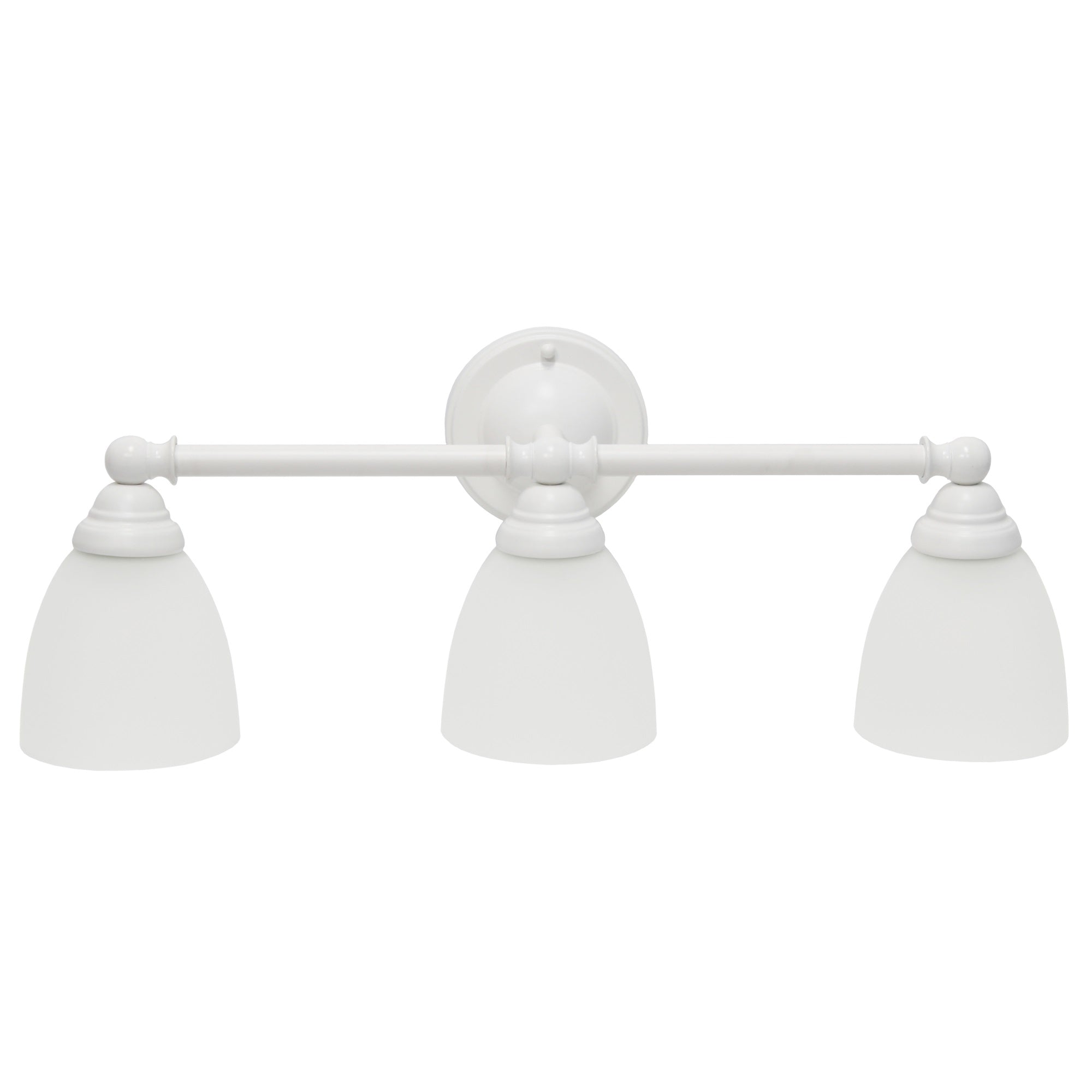 Simple Designs 25' Classic 3 Light Metal Bar And Frosted Cone Shape Glass Shades Decorative Wall Mounted Vanity Fixture For Bathroom, Entryway, Hallway, White