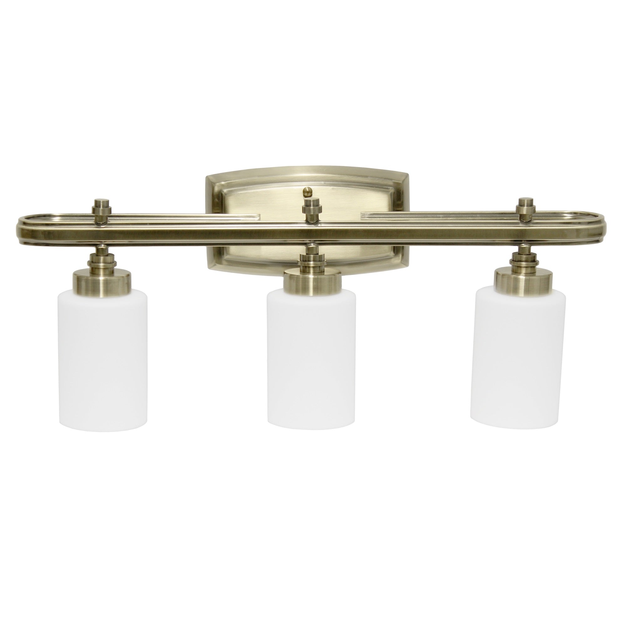 Simple Designs 23.5' Modern 3 Light Metal Oval Loop And Milk White Cylinder Shape Glass Shades With Rectangular Backplate Decorative Wall Mounted Vanity Fixture For Bathroom, Entryway, Hallway, Antique Brass