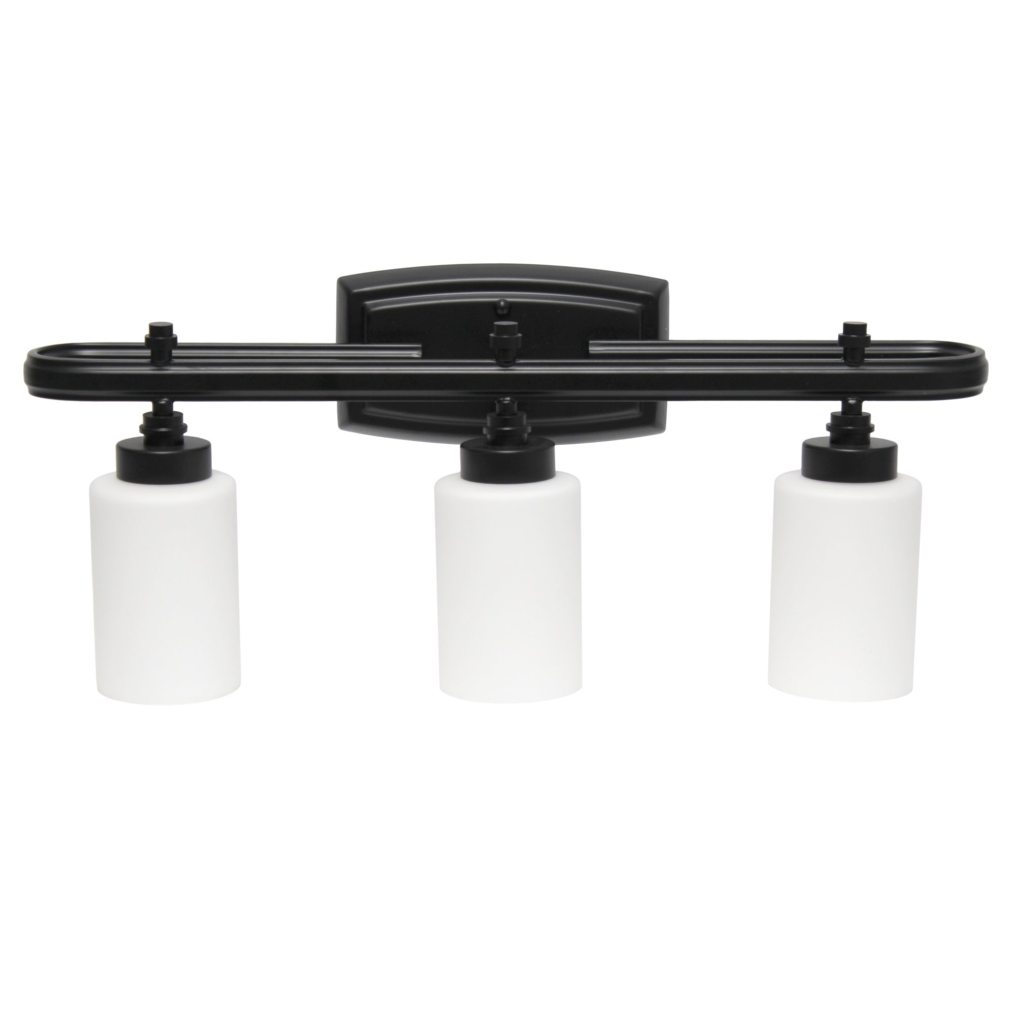 Simple Designs 23.5' Modern 3 Light Metal Oval Loop And Milk White Cylinder Shape Glass Shades With Rectangular Backplate Decorative Wall Mounted Vanity Fixture For Bathroom, Entryway, Hallway, Black