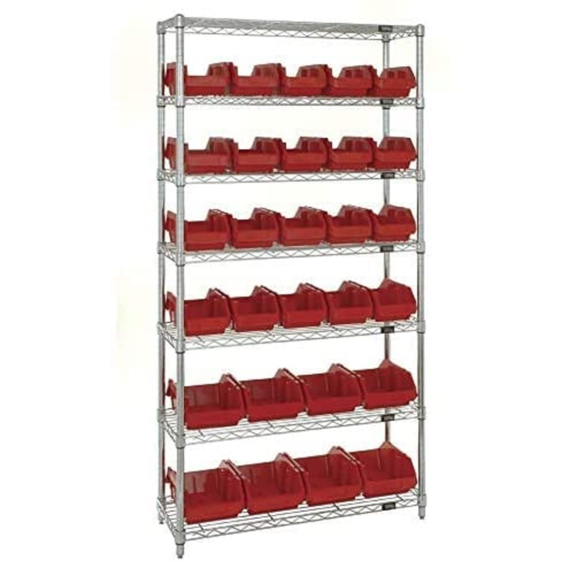 Bin System Unit, Stationary, Includes: (4) Posts, (7) Wire Shelves And (18) 14L X 8-1/4W X 6-1/2H Red Bins (Qp1496), Chrome Plat