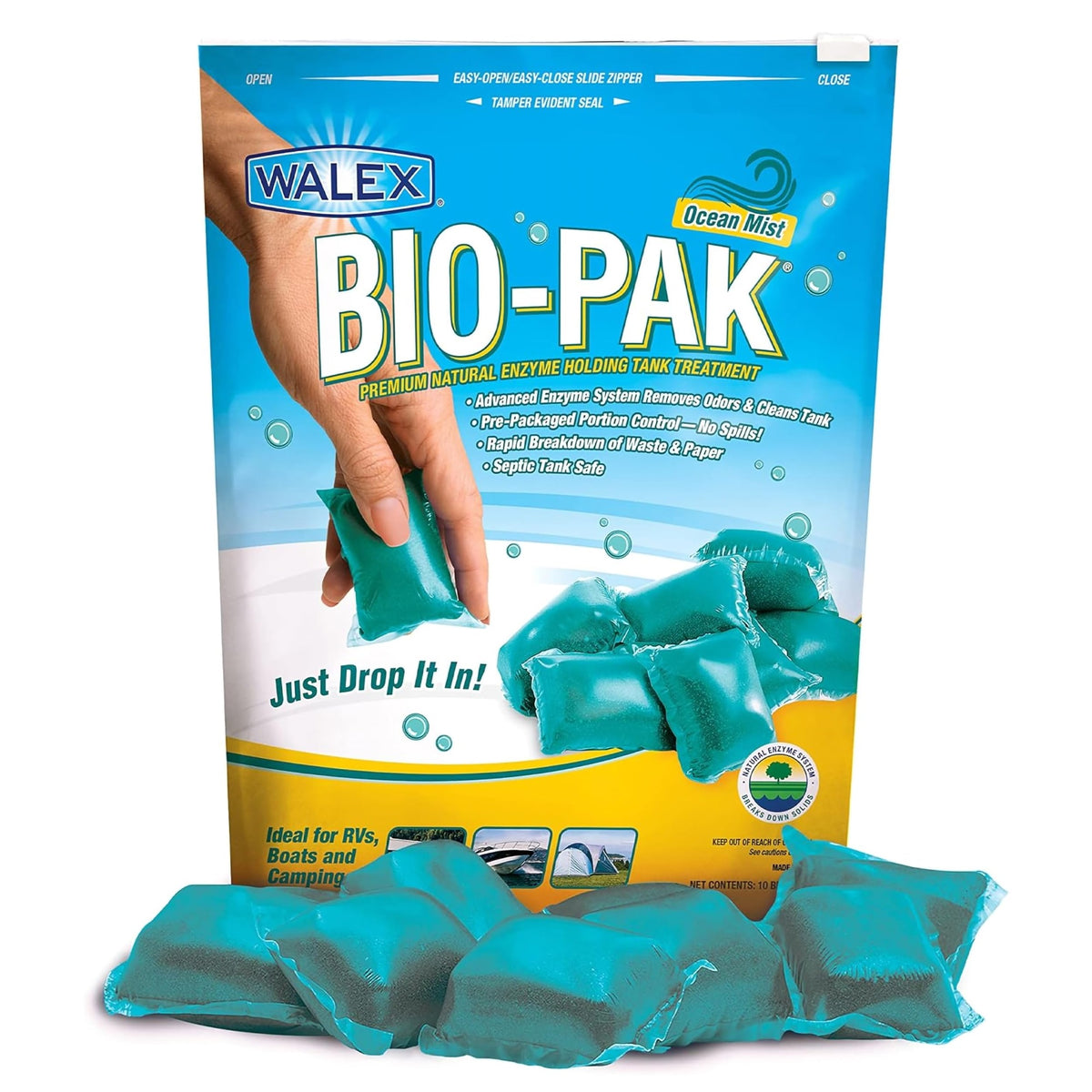 Walex Bio-Pak Rv Marine Natural Enzyme Black Holding Tank Deodorizer Drop-Ins, Camper, Boat, Camping Cassette Toilet Pods, Ocean Mist, 10 Pack