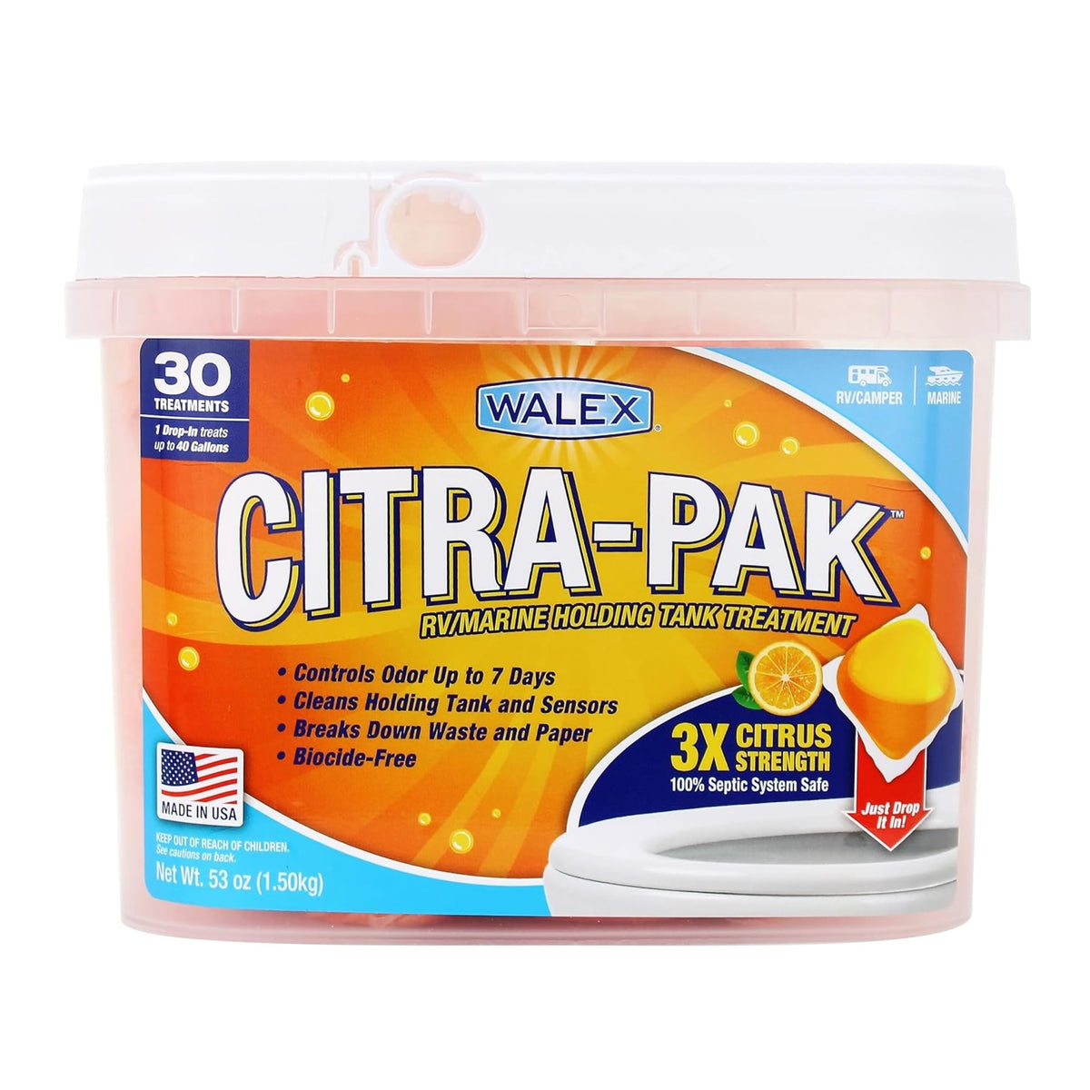 Walex Citra-Pak Rv Marine Black Holding Tank Deodorizer Drop-Ins Treatment, Camper, Boat, Camping Porta Cassette Toilet Pods, Citrus, 30 Pack