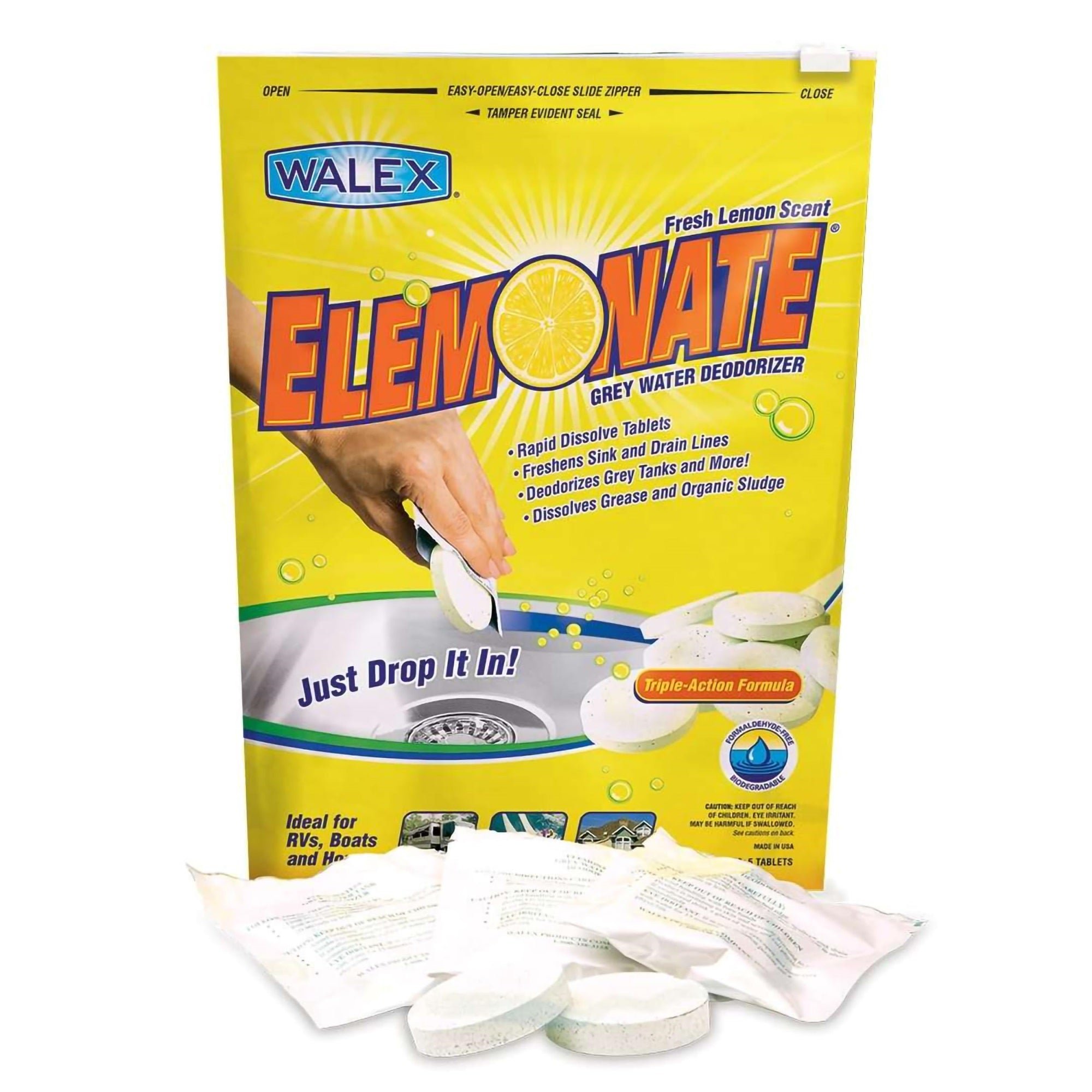 Walex Elemonate Rv Grey Water Tank Deodorizer And Freshener, Sink, Shower Drain Cleaner Drop-Ins Tablets, Camper Trailer, Fresh Lemon, 5 Pack