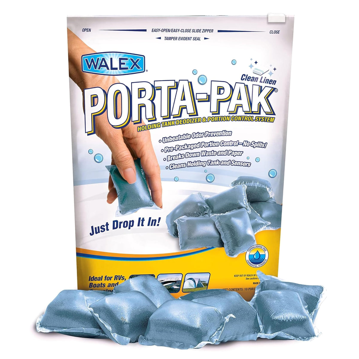 Walex Porta-Pak Rv Marine Black Holding Tank Deodorizer Drop-Ins, Camper, Boat, Camping Porta Cassette Toilet Cleaner Pods, Clean Linen, 10 Pack