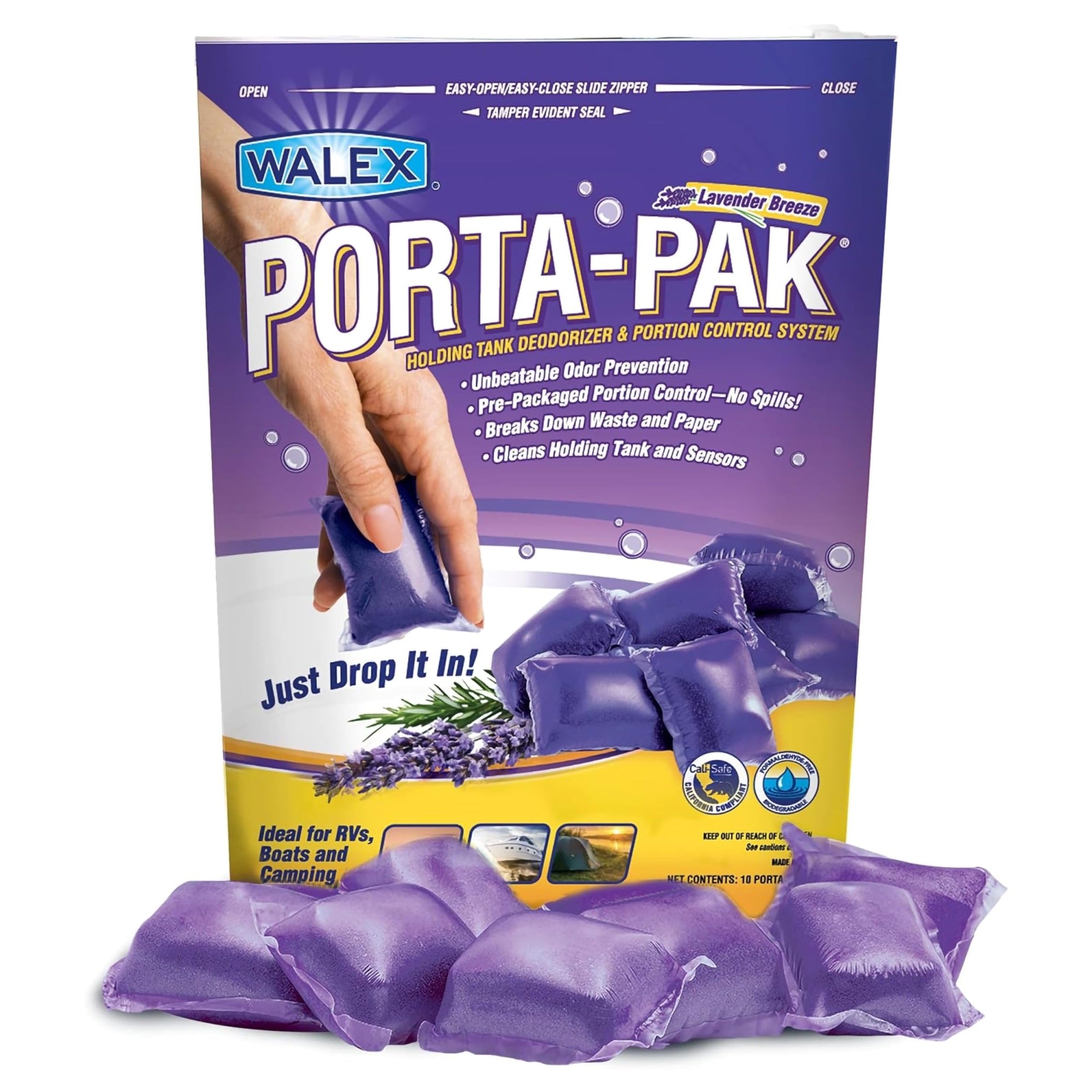 Porta-Pak Rv Marine Black Holding Tank Deodorizer Drop-Ins, Camper, Boat, Camping Cassette Toilet Cleaner Pods, Lavender Breeze, 10 Pack