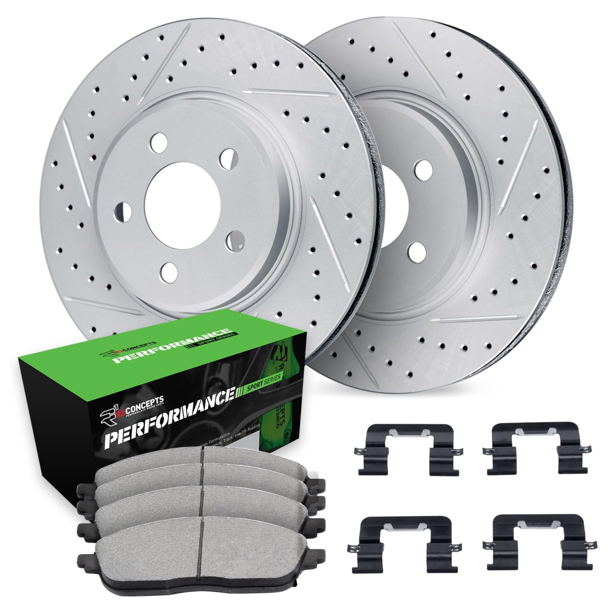 R1 Concepts Drilled and Slotted Carbon Coated Disc Brake Rotor Set with Performance Sport Pads and Hardware WBSH1-31067